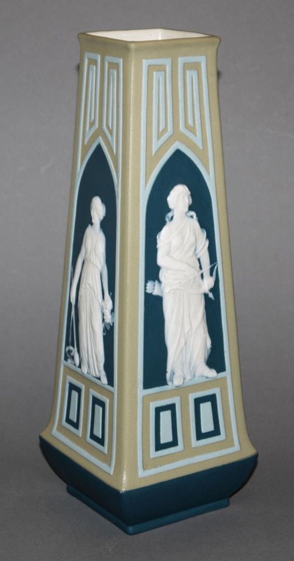 Jugendstil-Vase, Villeroy & Boch, Mettlach von 1908 Graues Steinzeug mit hellbauer und blauer