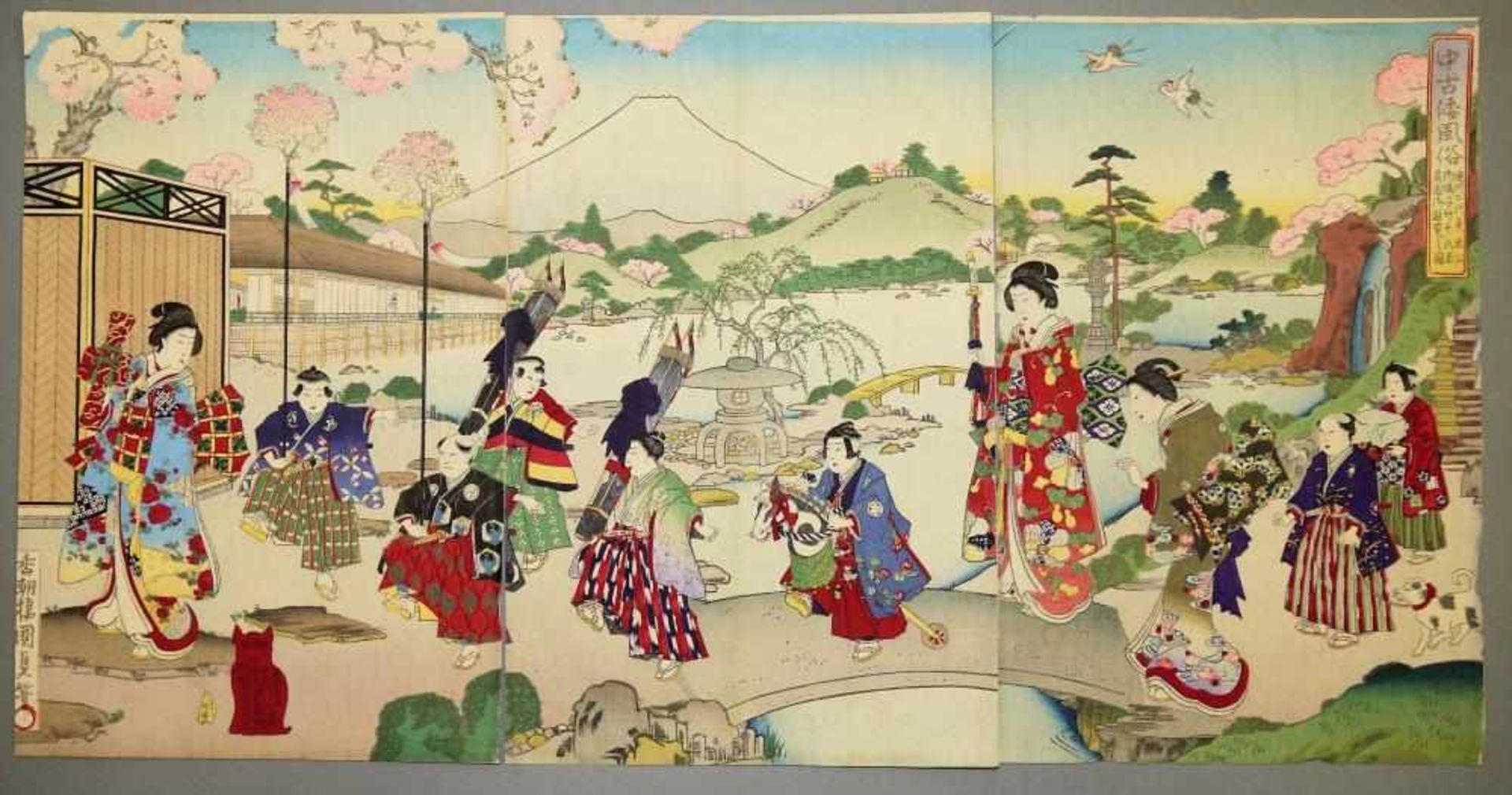 Zwei japanische Farbholzschnitte von Kunichika und Kunisada II, Triptychen mit Spaziergang der - Image 3 of 3