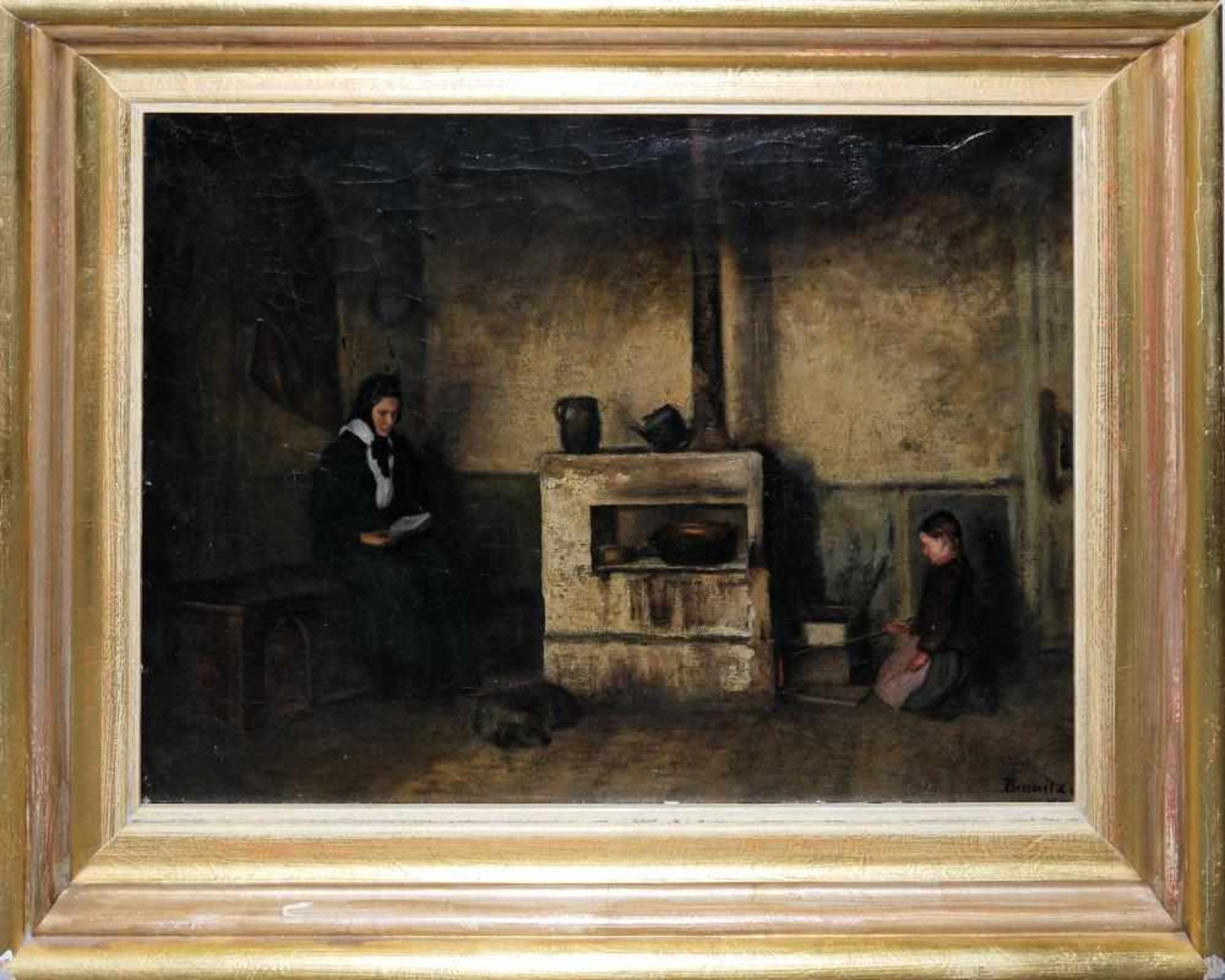 Carl Peter Burnitz (Kronberger Malerkolonie) Interieur mit lesender Frau und einem Kind am Kamin,