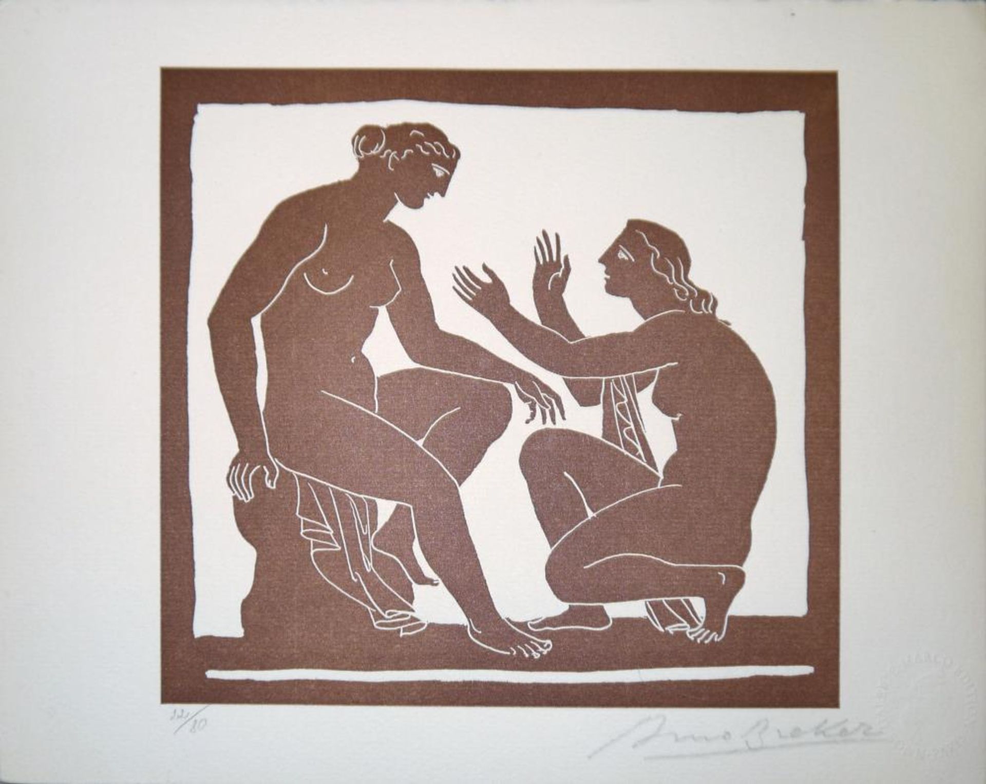 Arno Breker, „Dialog der Mädchen“, 2 Farbholzschnitte, sign. Arno Breker, 1900 – 1991, 2 - Bild 2 aus 3