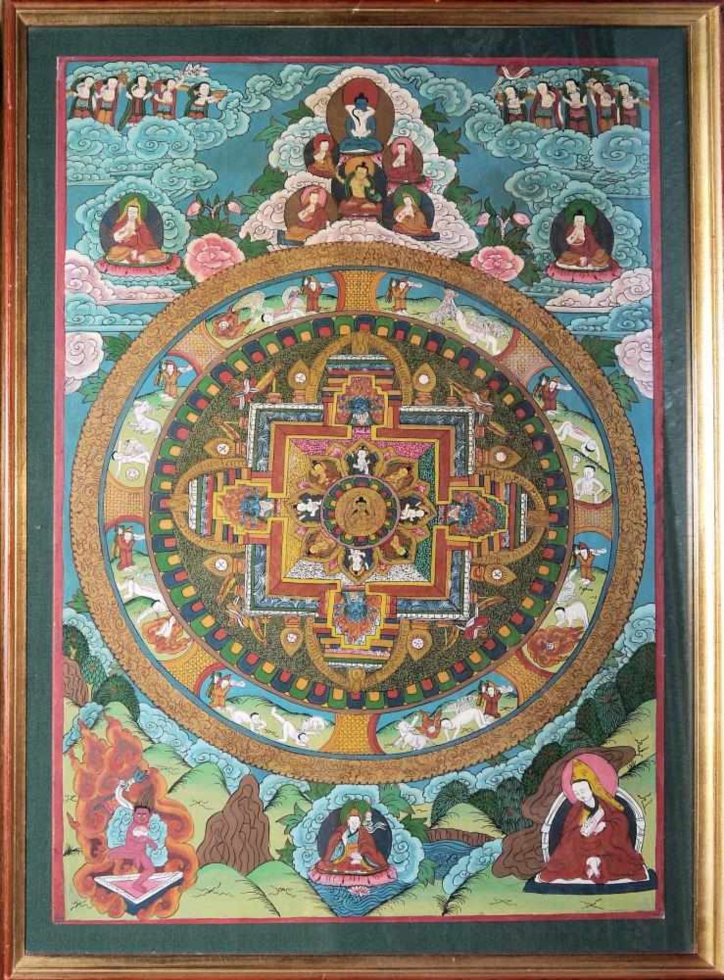 Großes Thangka, Nepal, 20. Jh. Mandala mit Himmelsbuddha im Zentrum, polychrom bemalt auf Stoff,