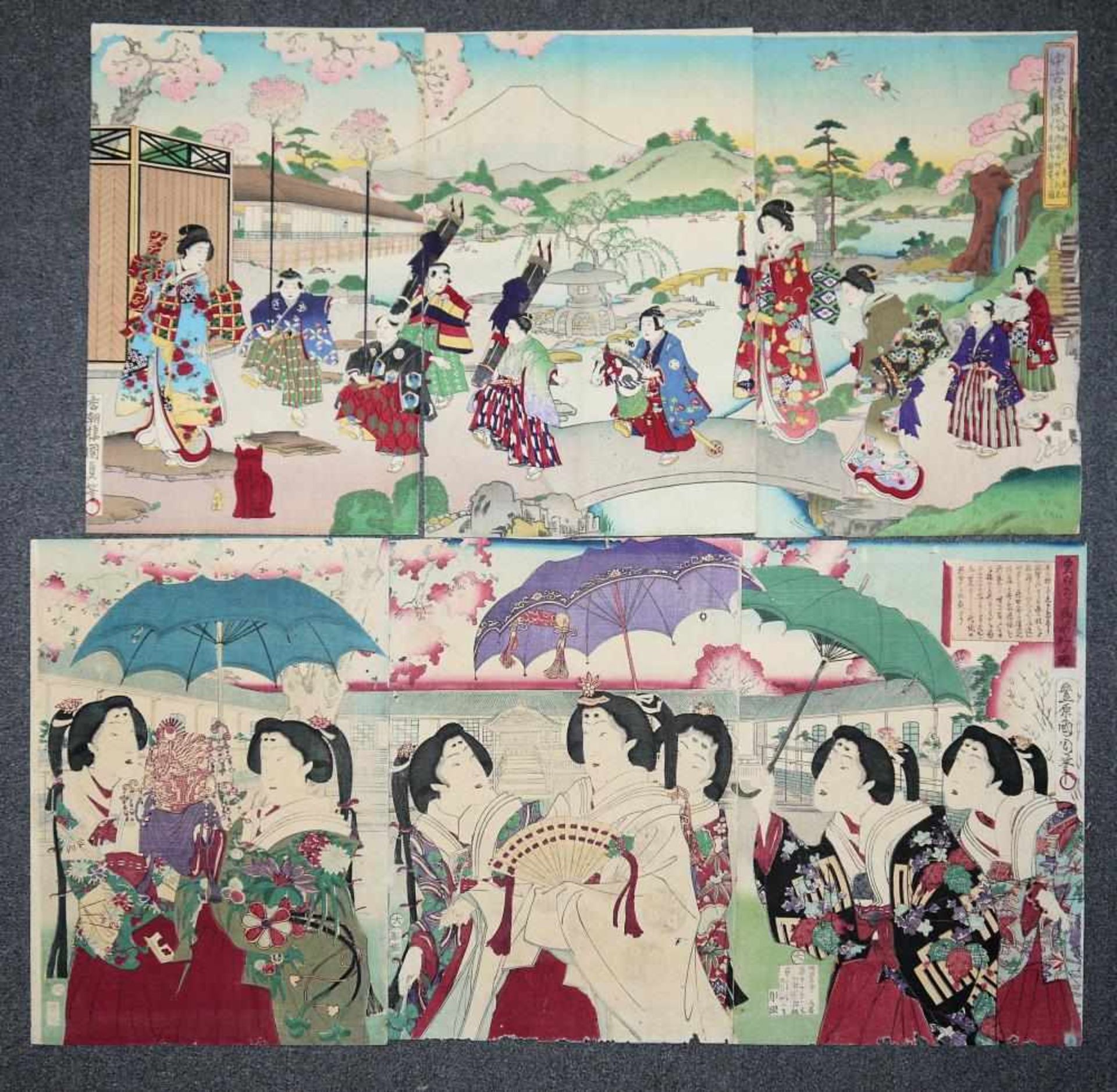 Zwei japanische Farbholzschnitte von Kunichika und Kunisada II, Triptychen mit Spaziergang der