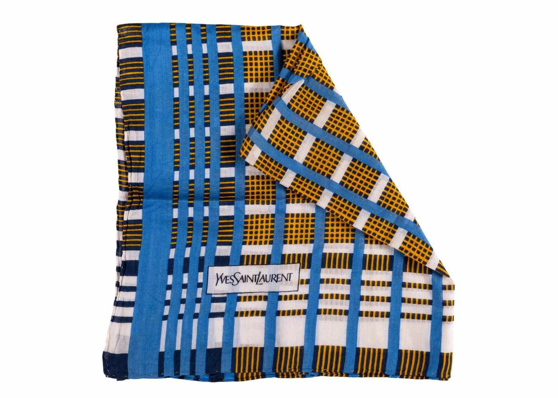 HalstuchHersteller: Yves Saint Laurent. Baumwolle. Gitter- und Streifenmuster in Blau, Gelb und