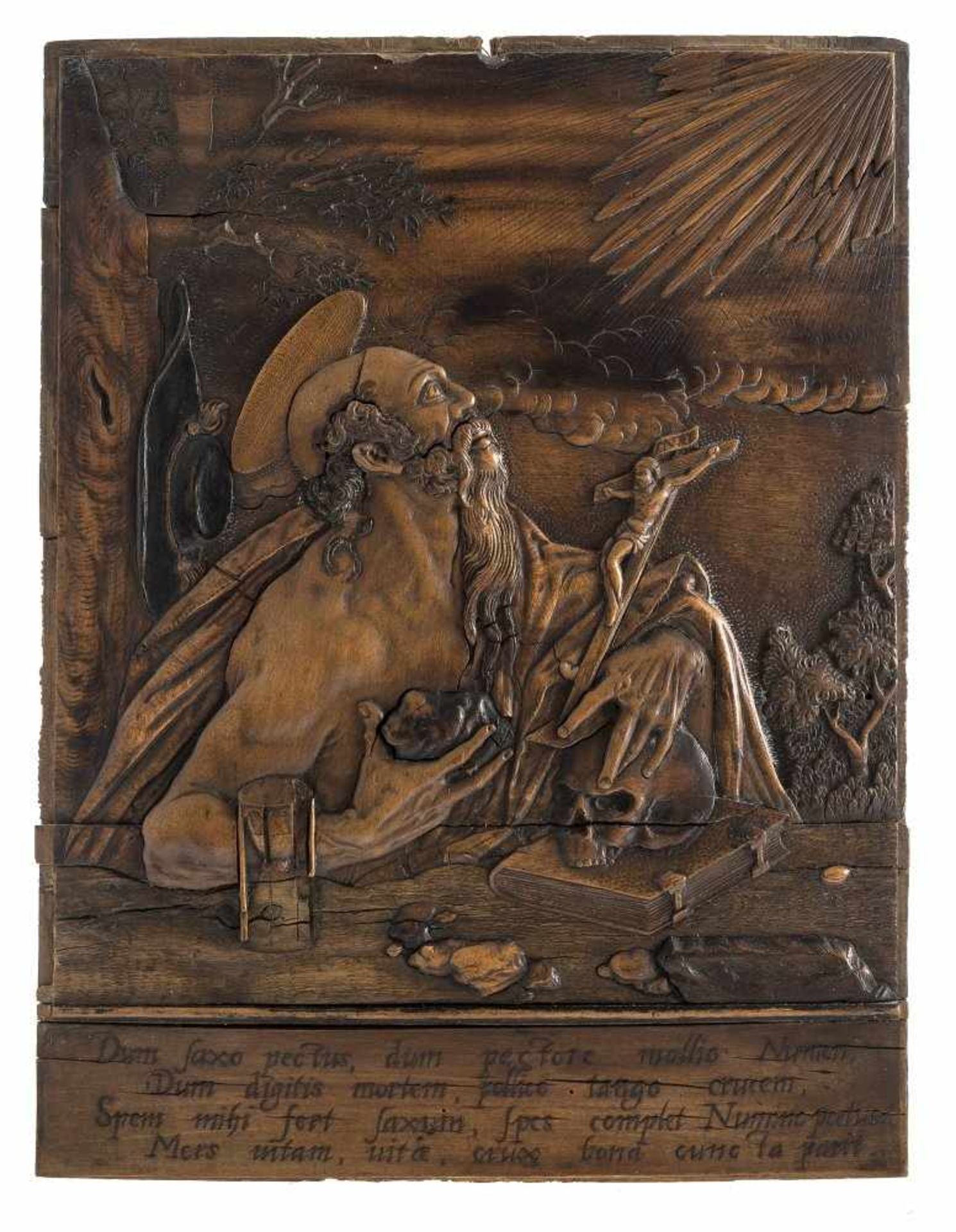 Eck, Adam, Werkstatt1604 - 1664 Eger.Reliefintarsie mit Darstellung des Hl. Hieronymus mit Kreuz,