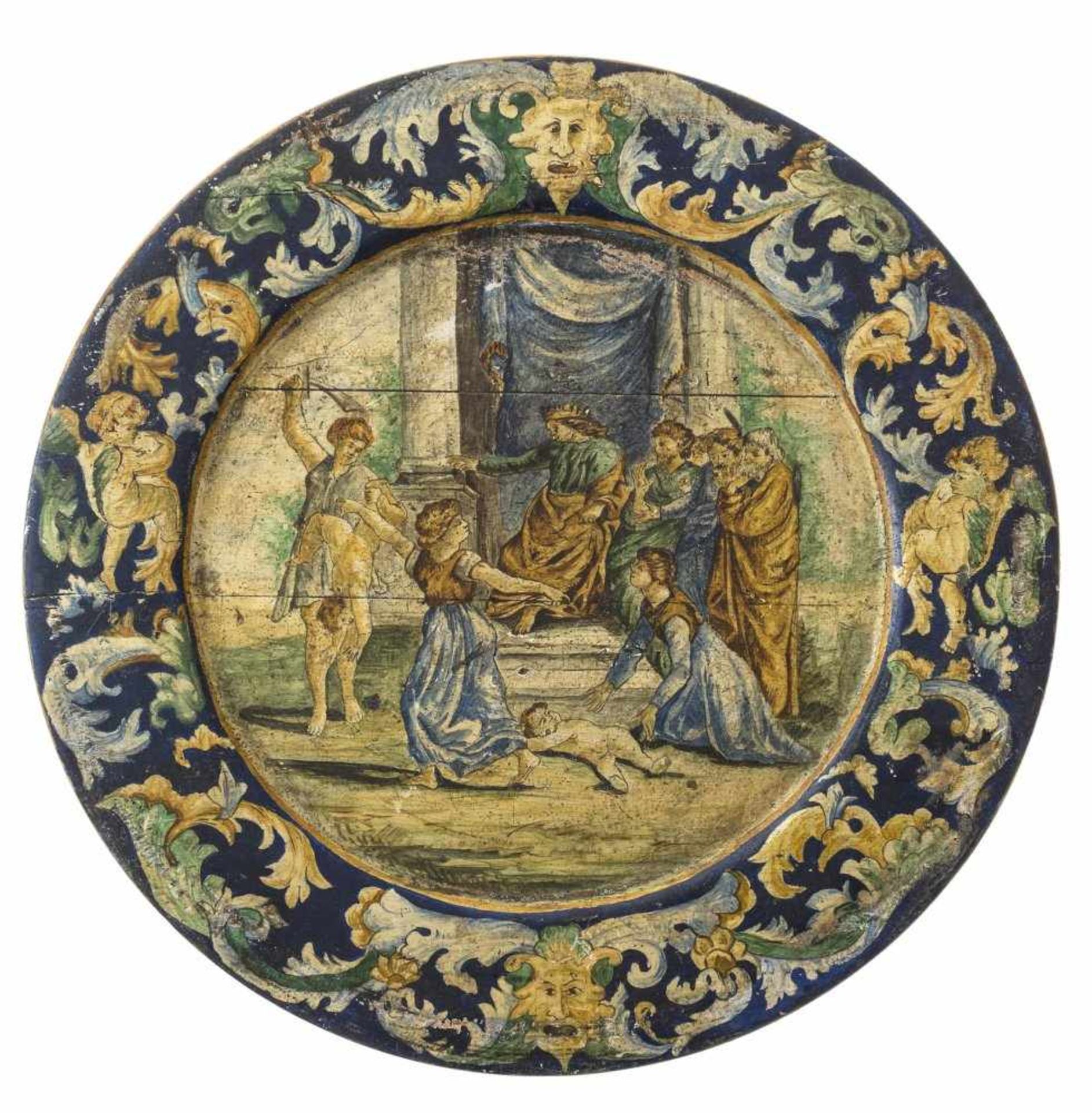 TellerHolz, farbig bemalt. 18/19. Jh., in der Art von Urbino. Urteil des Salomon. ø49,5 cm. Rep.,