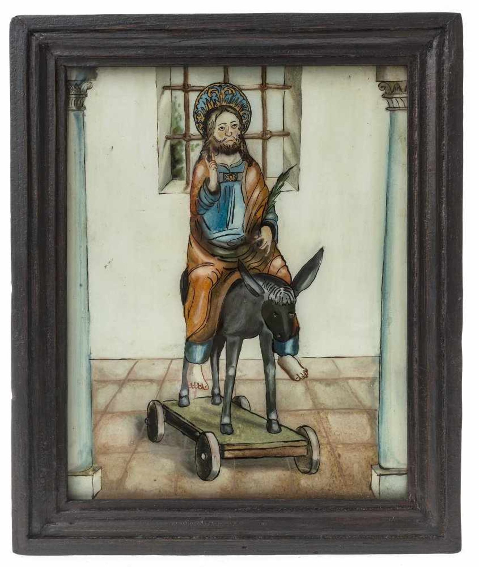 HinterglasbildTirol, 19. Jh. Christus auf dem Palmesel. 28,5 x 23,5 cm.