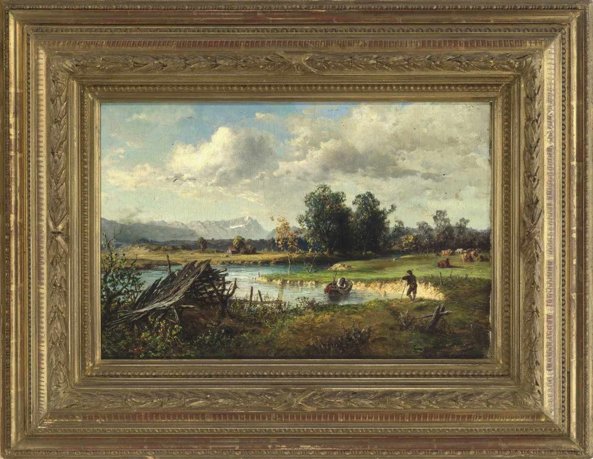 Federle , Carl1832 Donaueschingen - 1881 München."An der Loisach" (gegen Penzberg). Öl / Lw. 25,5