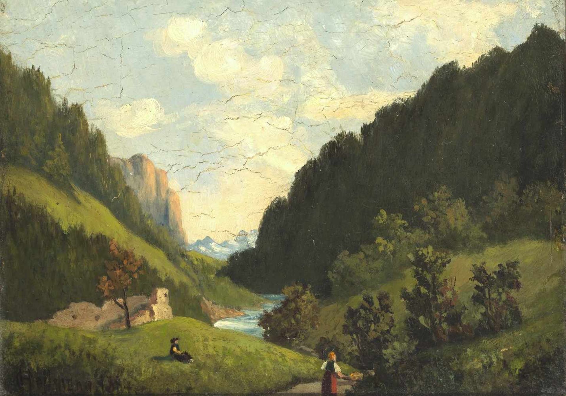 Hofmann, HeinrichDeutsch, 19. Jh. Berglandschaft. Öl/Holz. 15 x 21 cm. Sign., dat. 1884.