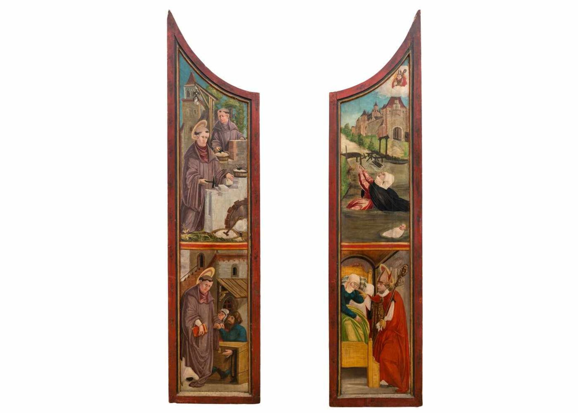 Zwei AltarflügelFranken, um 1500. Öl/Holz. Je ca. 212 x 49,5 cm. Rest., besch.Vier Darstellungen aus