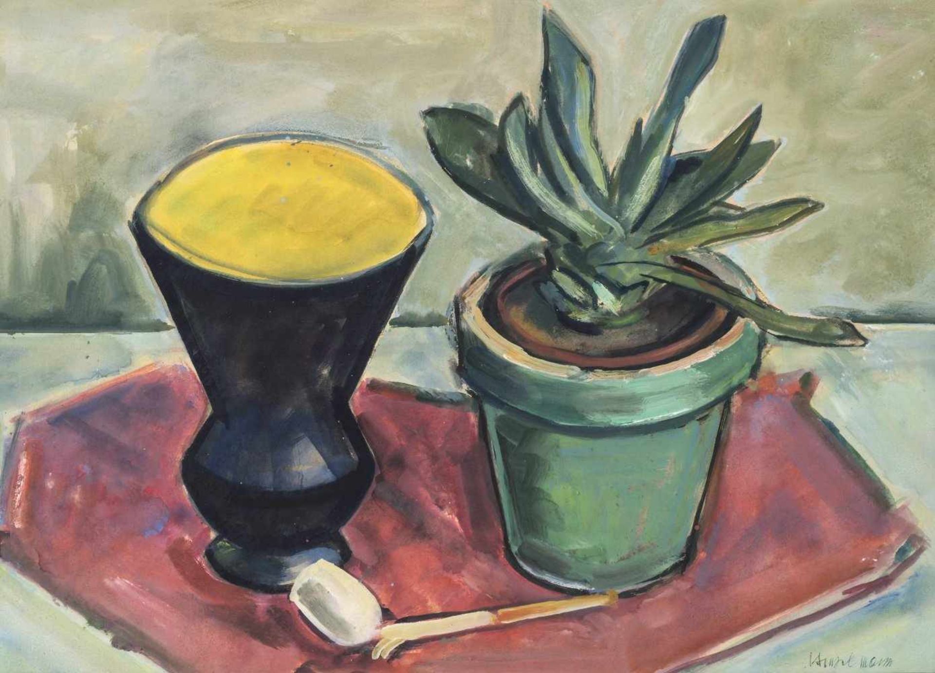 Henselmann, Willi1896 Offenburg - 1973 Lahr.Stillleben mit Kaktus und Vase. Mischtechnik. 34,5 x