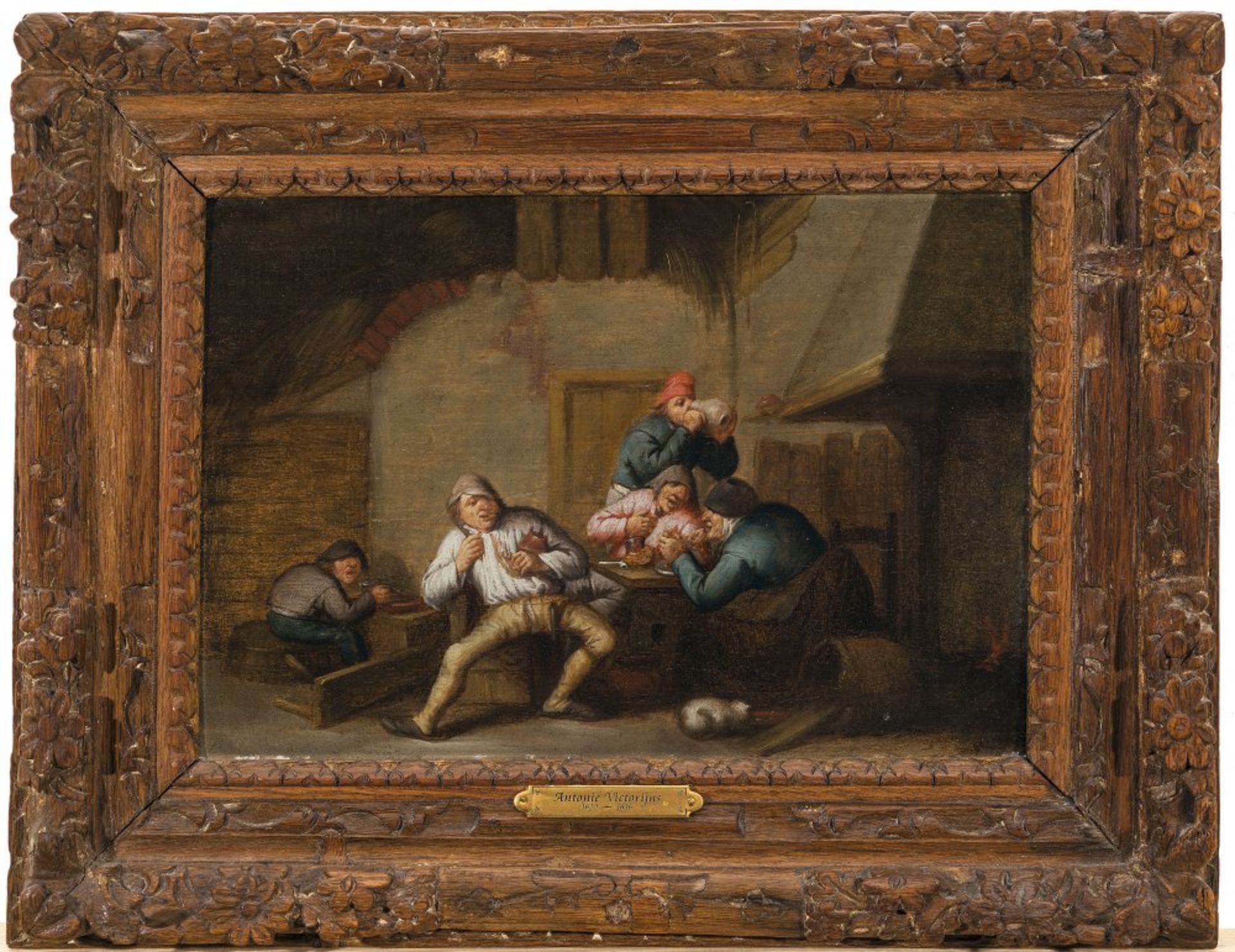 Victorijns, Anthonie, zugeschriebenZechende Bauern vor dem Kamin. Öl/Holz. 24 x 34 cm. Rest.