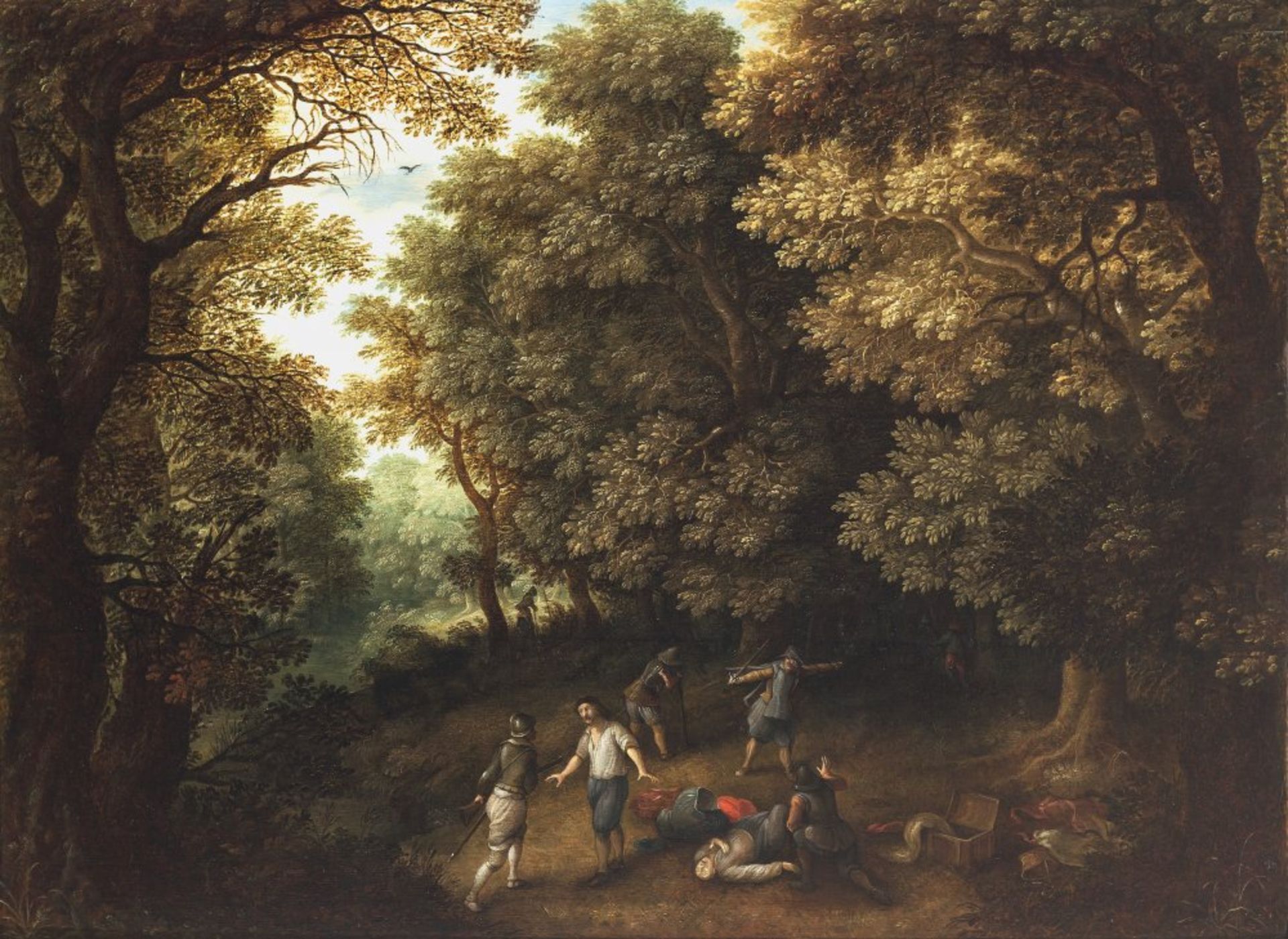 Coninxloo III, Gillis van, zugeschriebenÜberfall im Eichenwald. Öl/Holz. 59 x 78,5 cm. Rest.