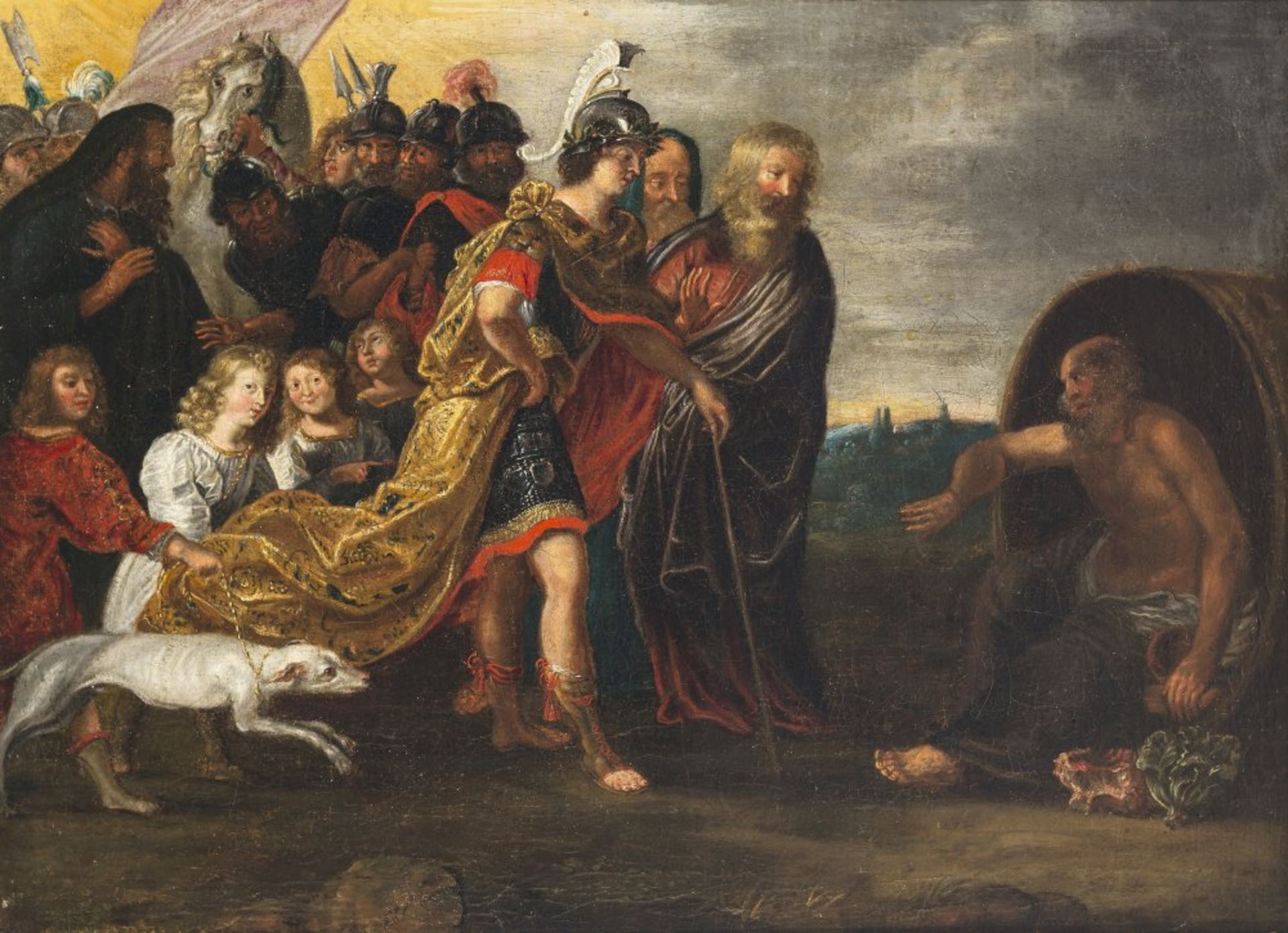 Niederlande, 17. Jh.Art des Frans Francken d. J. Alexander der Große mit Gefolge vor Diogenes. Öl/