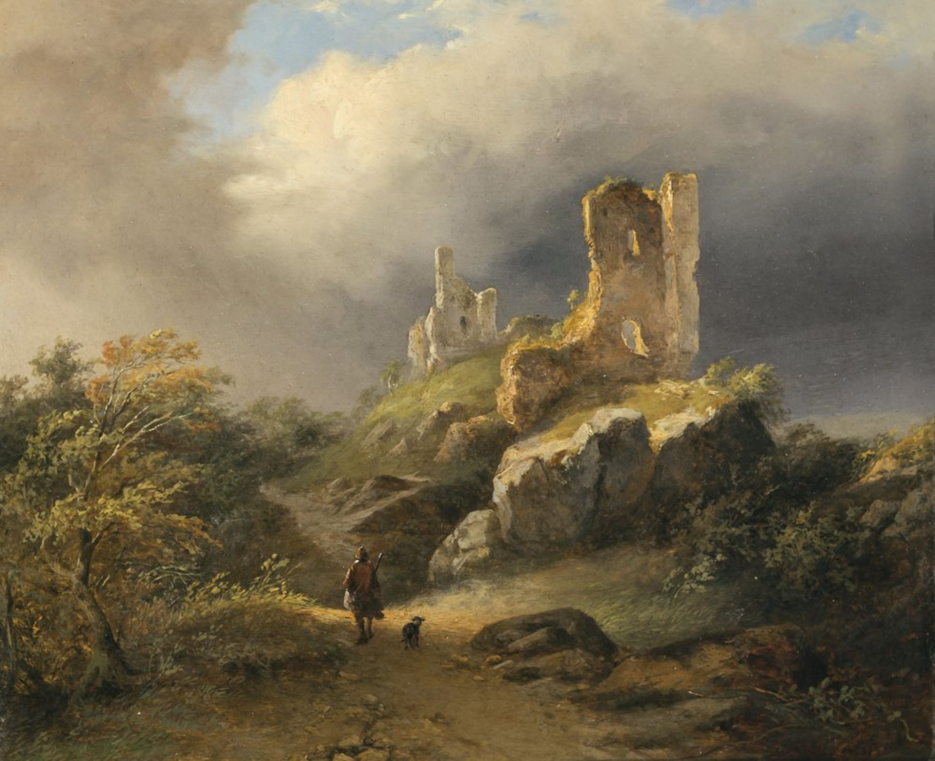 Dubourcq, Pierre Louis, zugeschriebenLandschaft mit Ruine, im Vordergrund Wanderer mit Hund. Öl/