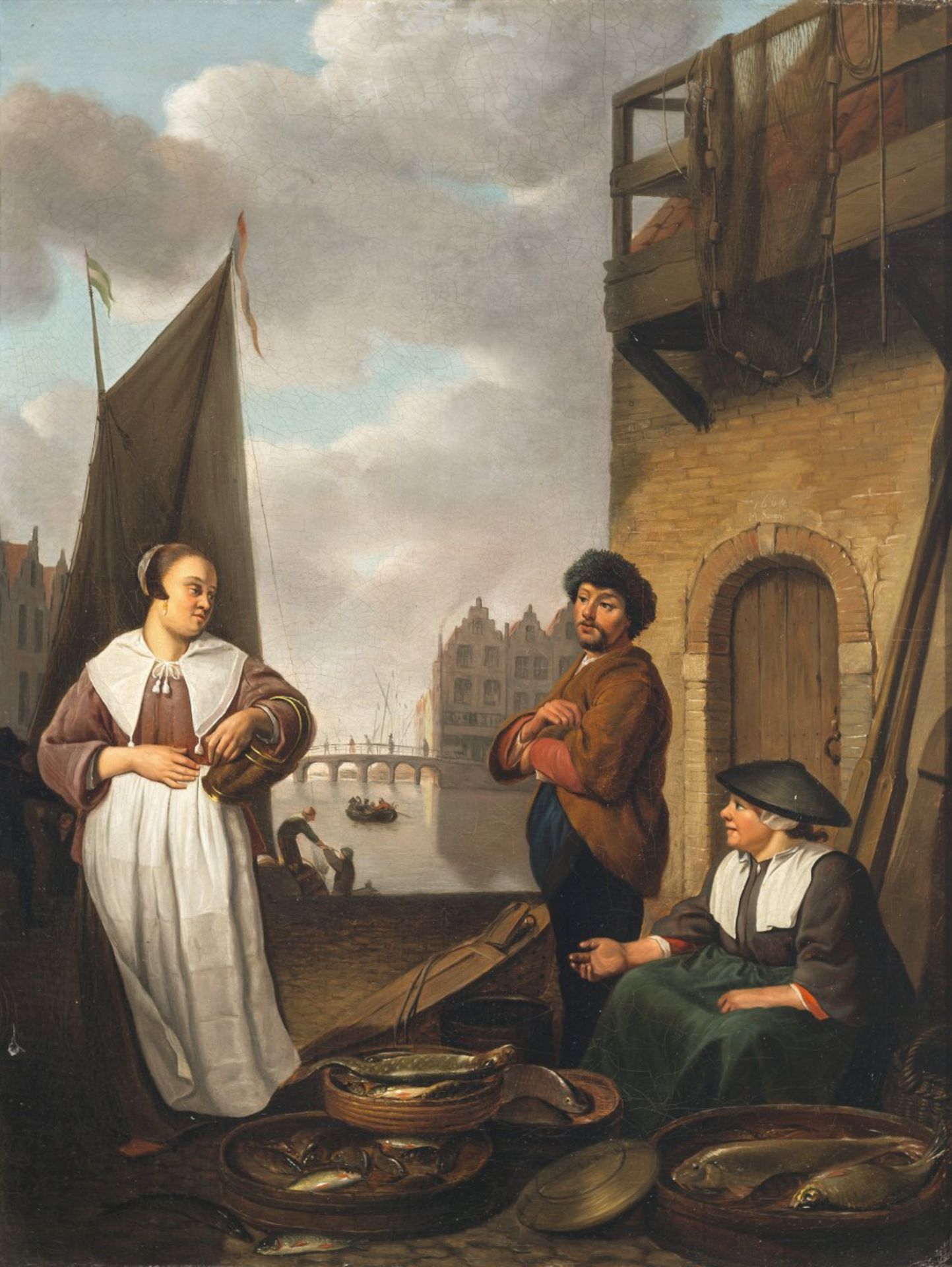 Sorgh, Hendrick MarteneszEinkaufende Magd bei einem Fischverkäuferpaar am Hafen. Öl/Lw. 50 x 37,5