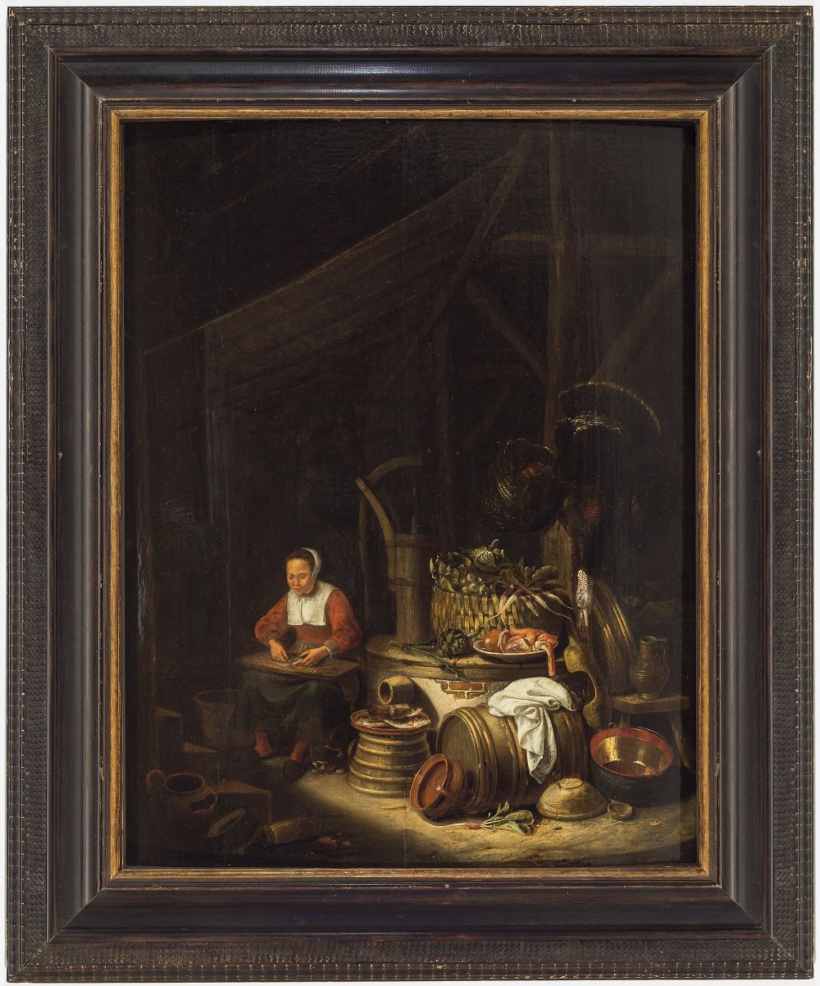 Niederlande, 17. Jh.Magd beim Fisch ausnehmen. Öl/Holz. 63,5 x 50 cm. Rest. Unsign.The