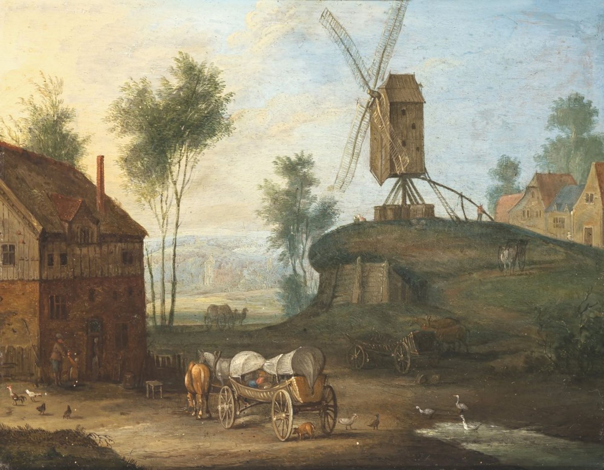 Stalbemt, Adriaen van, zugeschriebenOrtschaft mit Leiterwagen und Windmühle. Öl/Kupfer. 15 x 20