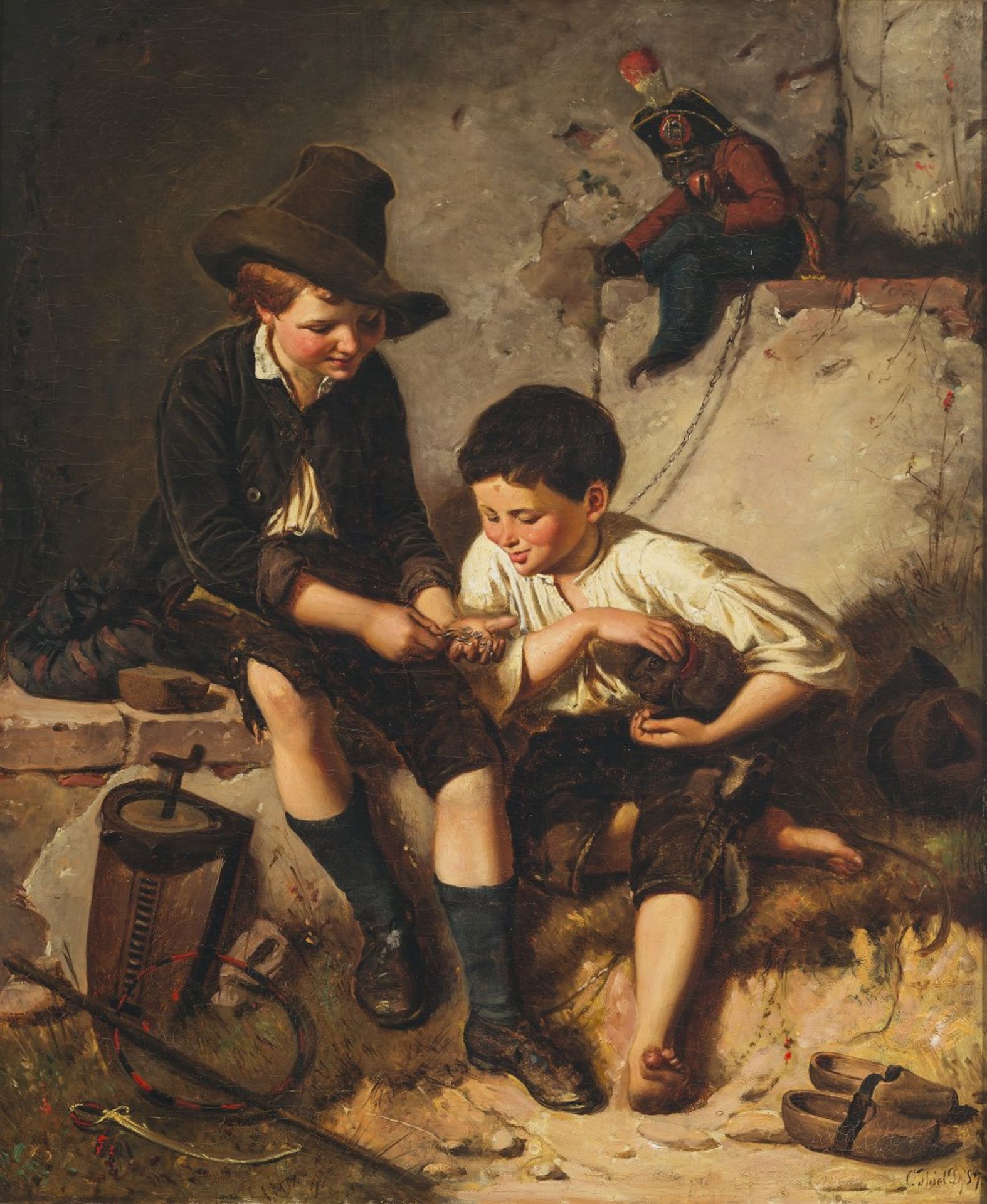 Thiel, CarlZwei Buben beim Spiel, beobachtet von einem kleinen Affen. Öl/Lw. 68 x 56 cm. Sign., dat.