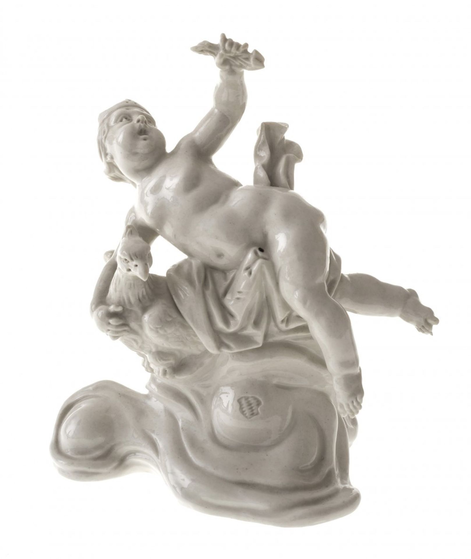 Putto als JupiterNymphenburg, 20. Jh., Entwurf Anton Bustelli. Weiß glasiert. Eingepresste