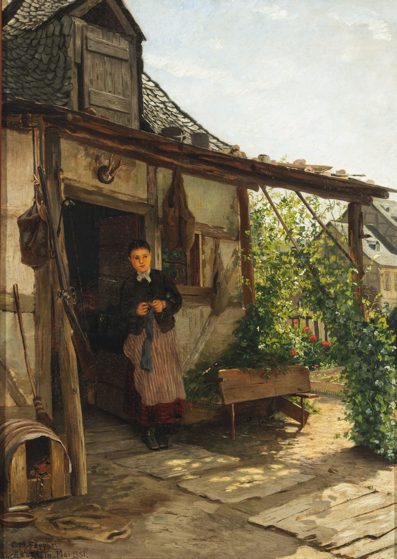 Seyppel, Carl MariaJunges Mädchen vor einem Haus. Öl/Karton. 55 x 39 cm. Sign., dat. Mai 1881, bez.: