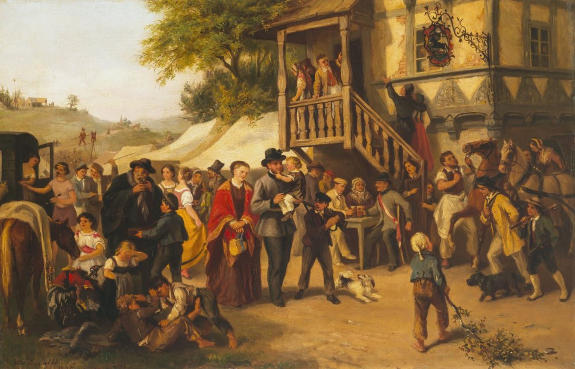 Deutsch, 19. Jh.Schützenfest. Öl/Hartfaser. 57,5 x 87 cm. Unleserlich sign., dat. 1875.