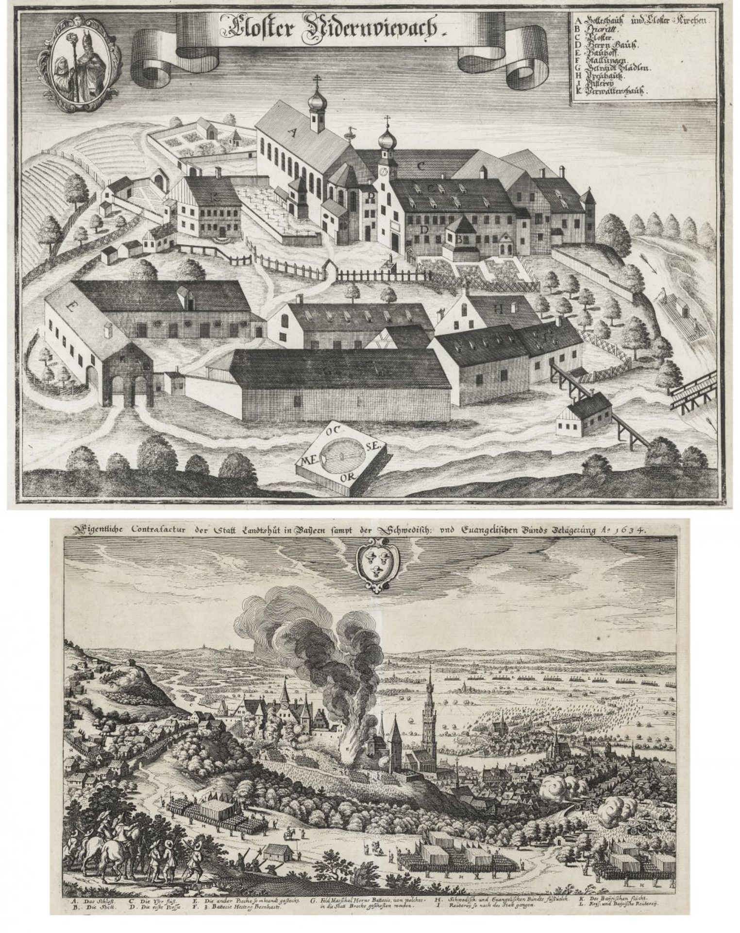 Zwei Grafiken1) Ansicht von Landshut. Matthäus Merian d. Ä., Radierung. 20,5 x 33 cm. Leicht besch.,