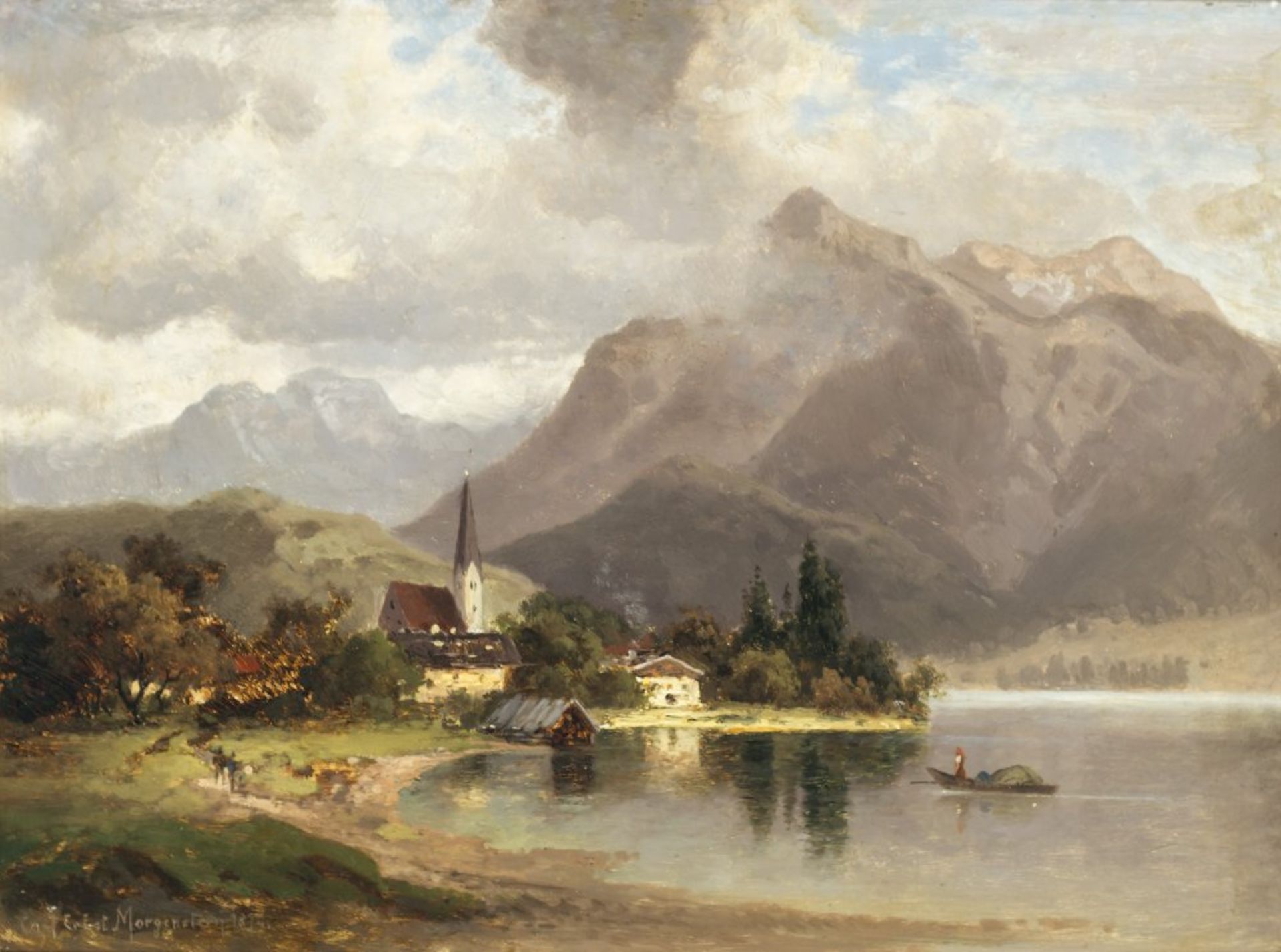 Morgenstern, Carl ErnstBlick auf den Tegernsee. Öl/ Holz. 24 x 32 cm. Sign., dat. 1874.