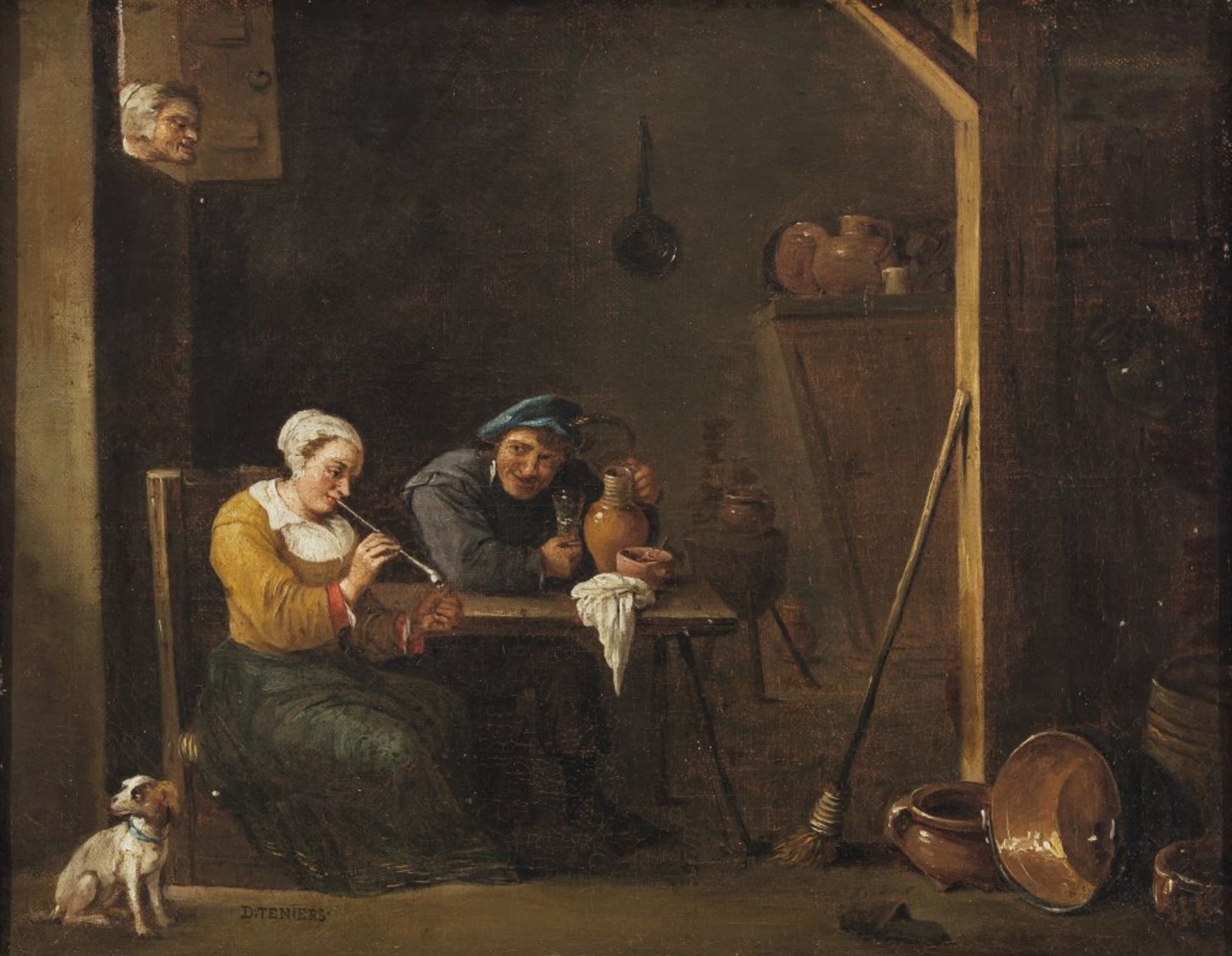 Teniers, David, in der Art des"Die neugierige Alte". Bauer und junge Magd mit Hund in der Stube. Die