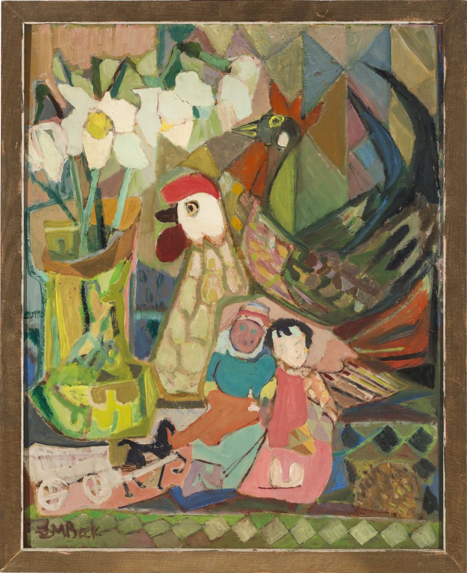 Beck, L. M., 20. Jh.Szene mit Hühnern, Spielzeug und Blumen. Öl/Hatfaser. 62,5 x 50 cm. Sign.