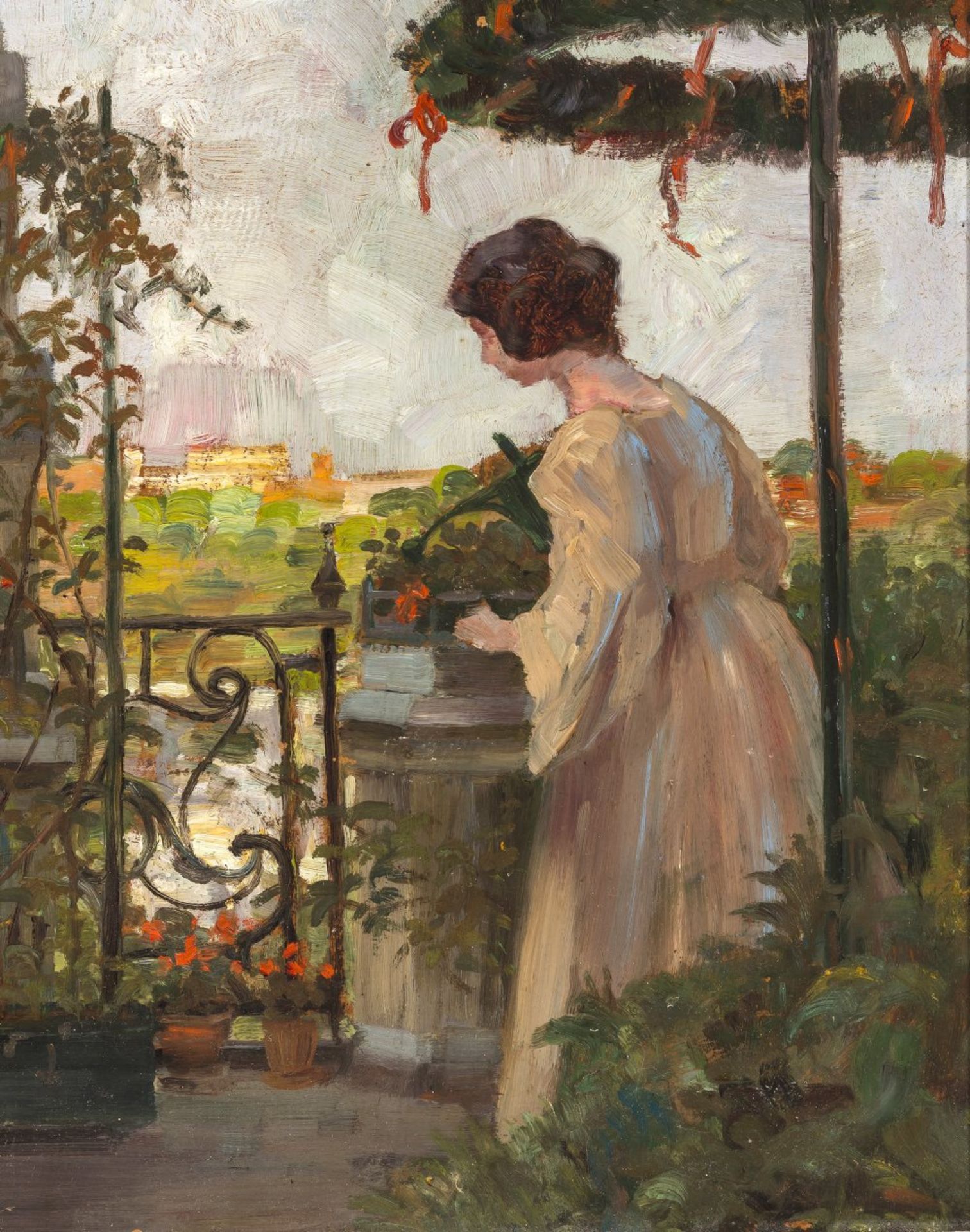 Deutsch, 20. Jh.Junges Mädchen auf einer Terrasse, im Hintergrund Meran (?). Öl/Karton. 35 x 29