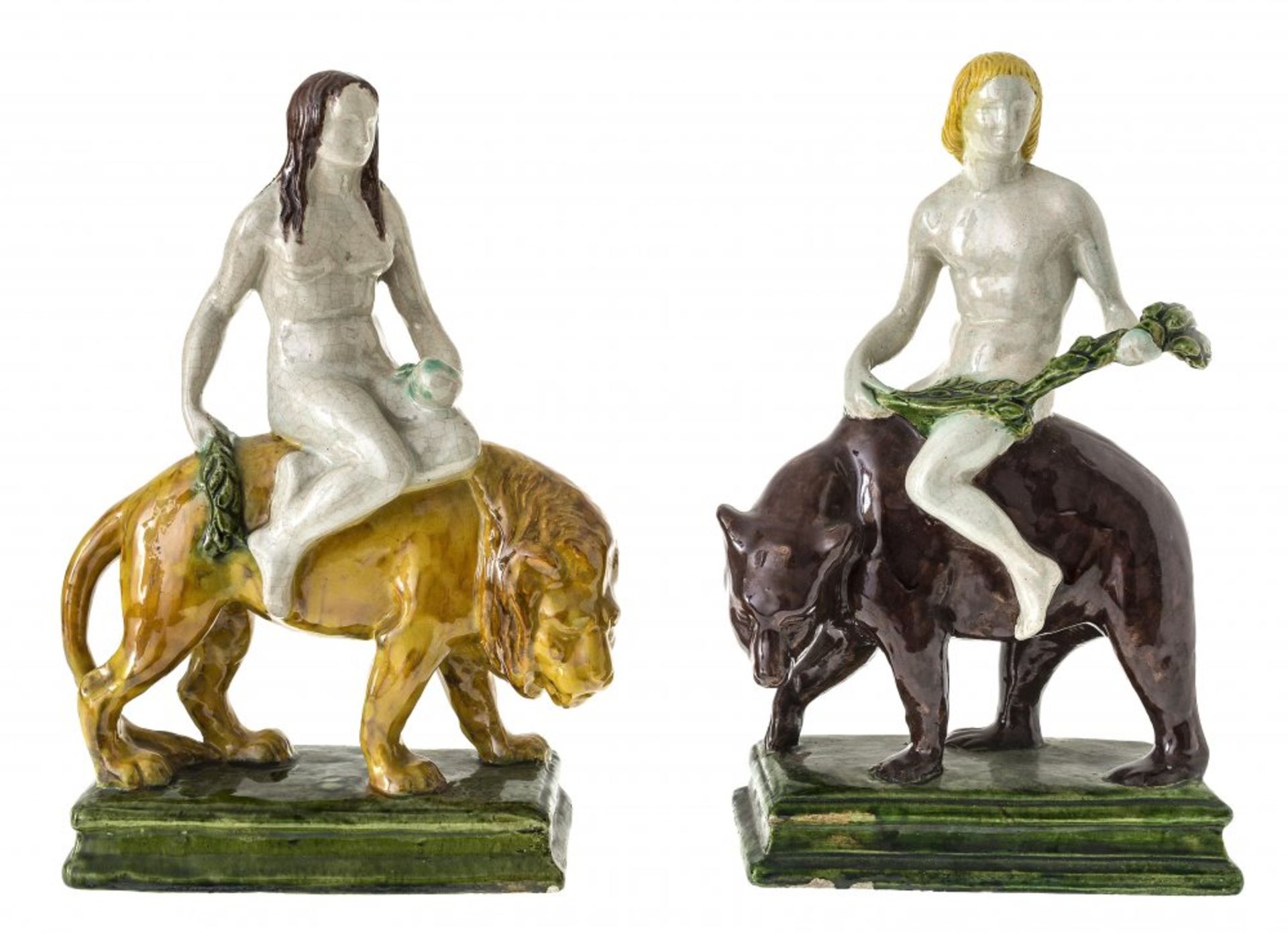 Zwei KeramikenDeutsch, 20. Jh. Mann auf einen Bär und Mädchen auf einem Löwen reitend. H. je ca.