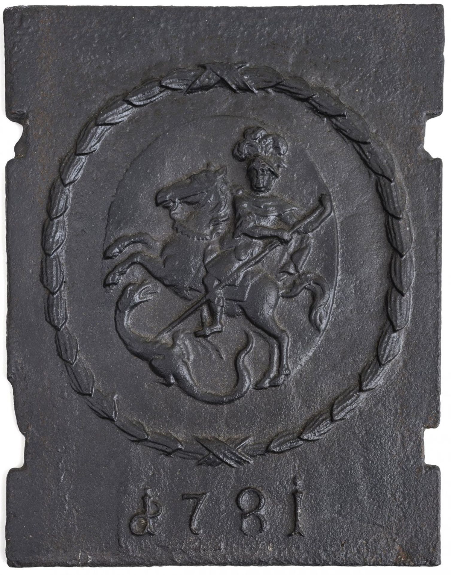 OfenplatteDeutsch, vermutlich Obereichstätt. Blattkartusche mit hl. Georg, bez. 1781. Rest. 39,5 x