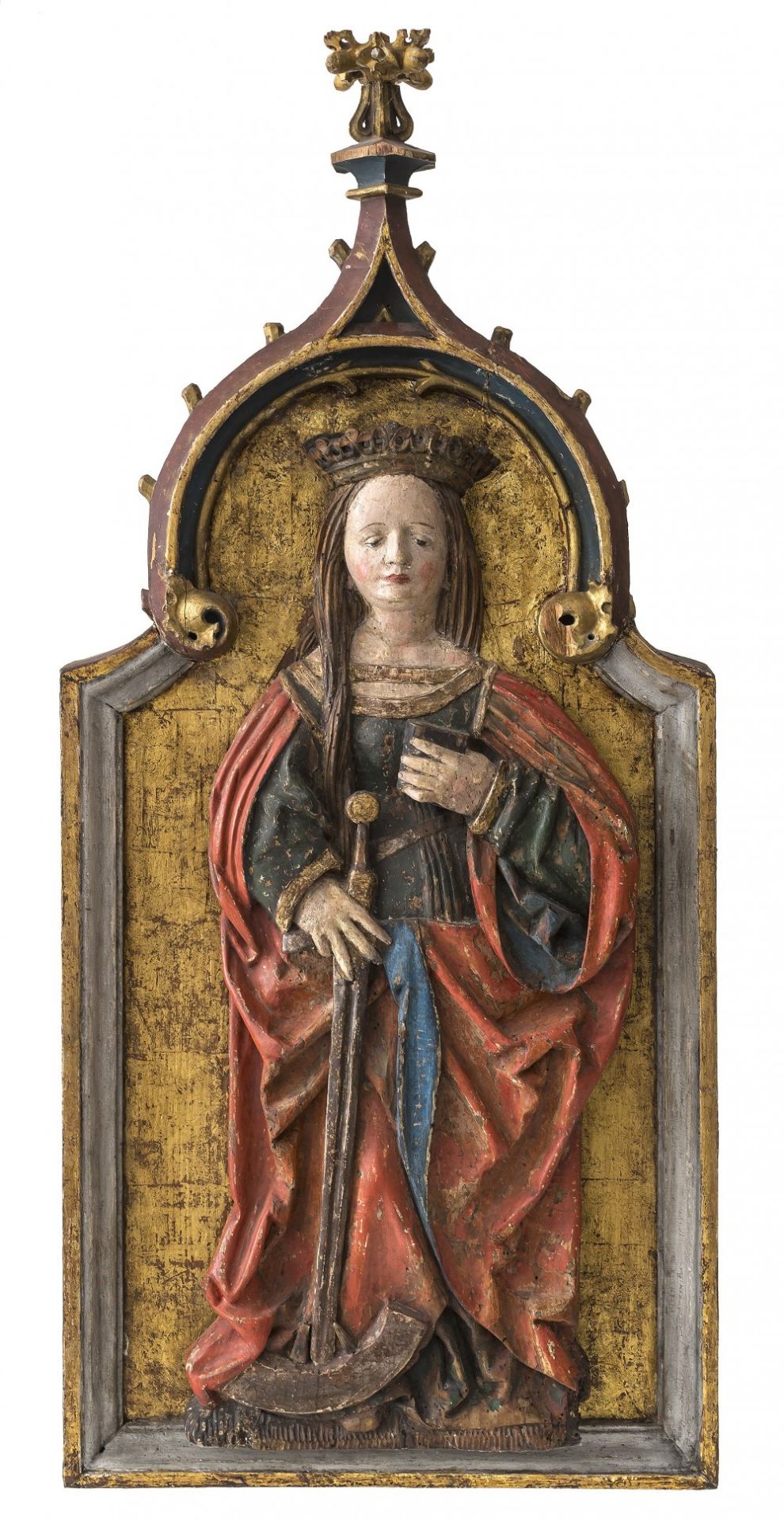 Klocker, Hans, WerkstattHl. Katharina. Relief (aus einem Altarflügel), um 1500. Holz, übergangene