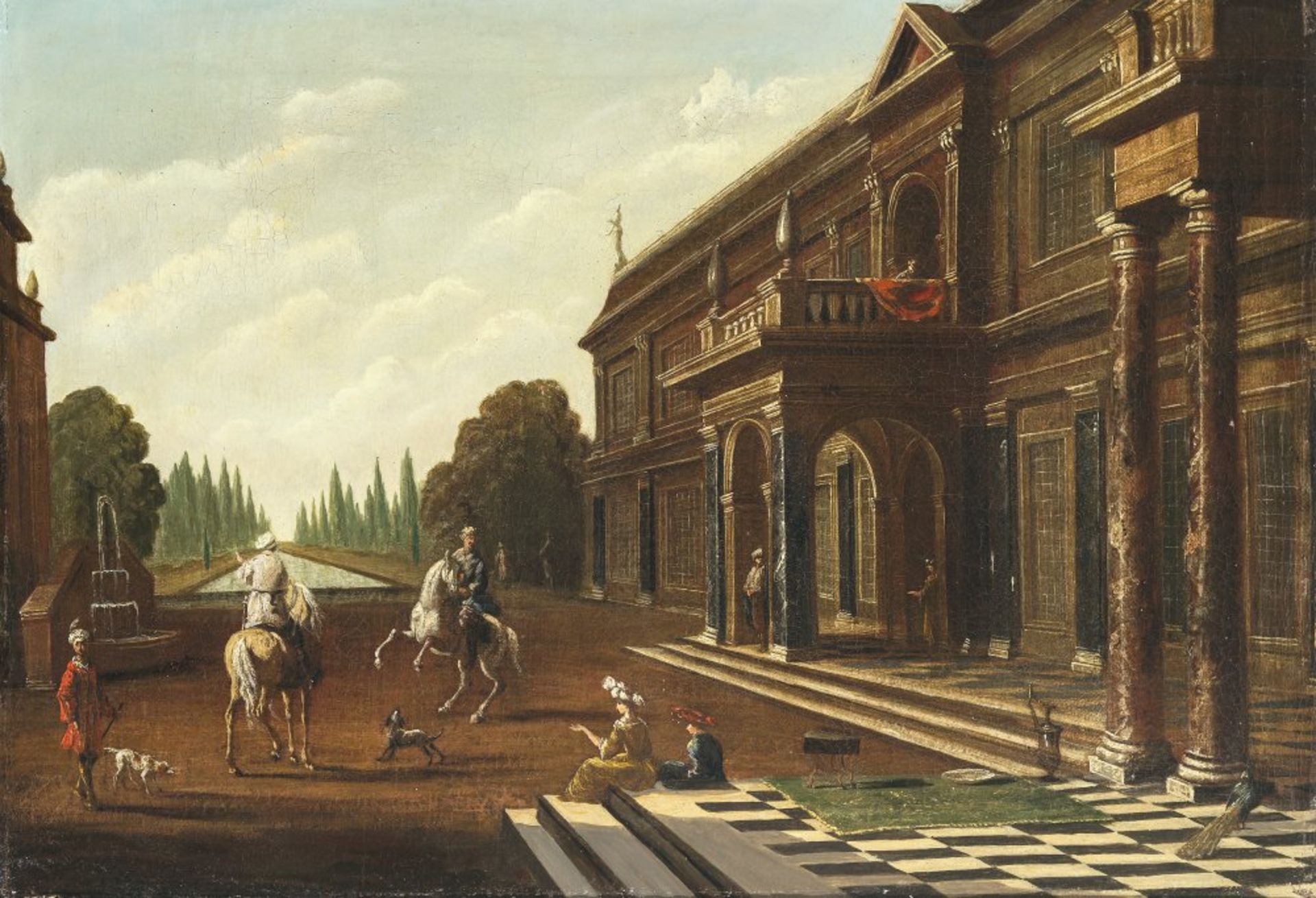 Sayes, Jakob Ferdinand, zugeschriebenVilla am Kanal, auf dem Vorplatz zwei Reiter. Öl/Lw. 39 x 55,