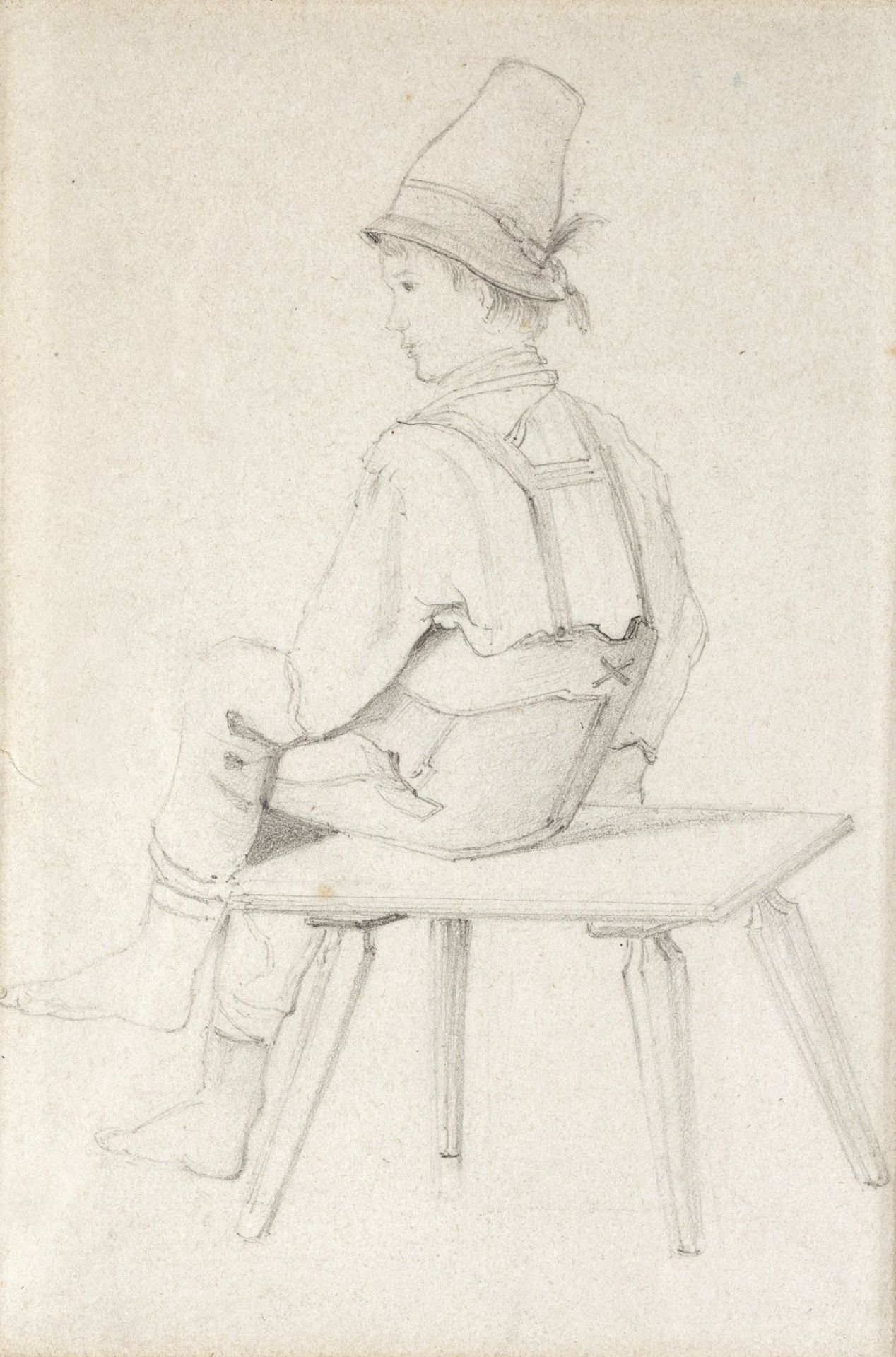 Defregger, Franz vonTiroler Bauernjunge mit dem typischen "Stopselhut". Bleistiftskizze. 18,5 x 12,5