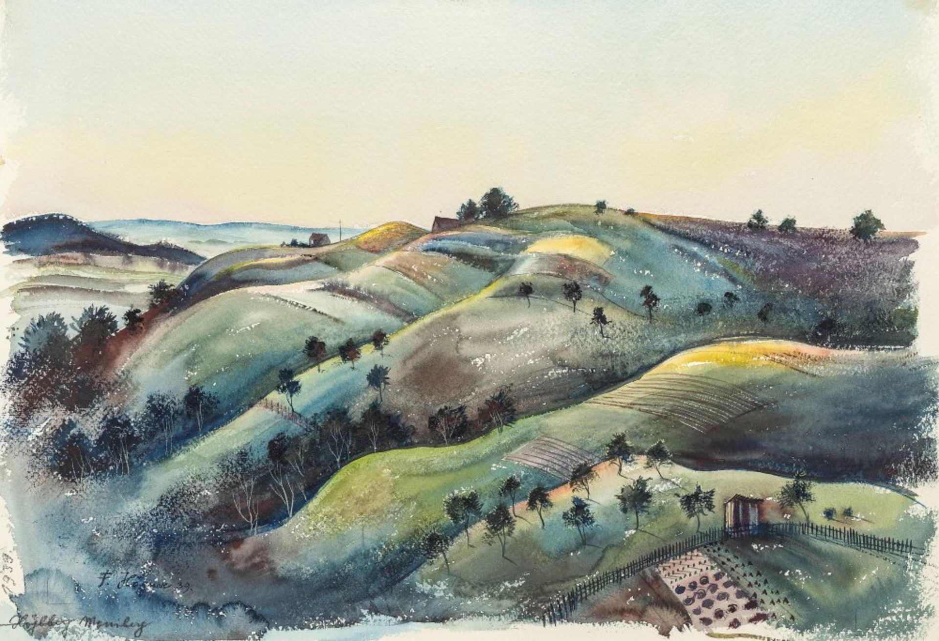 Högner, FranzHügelige Landschaft. Aquarell. 33,5 x 47,5 cm. Sign., dat. 39.Högner, FranzHilly