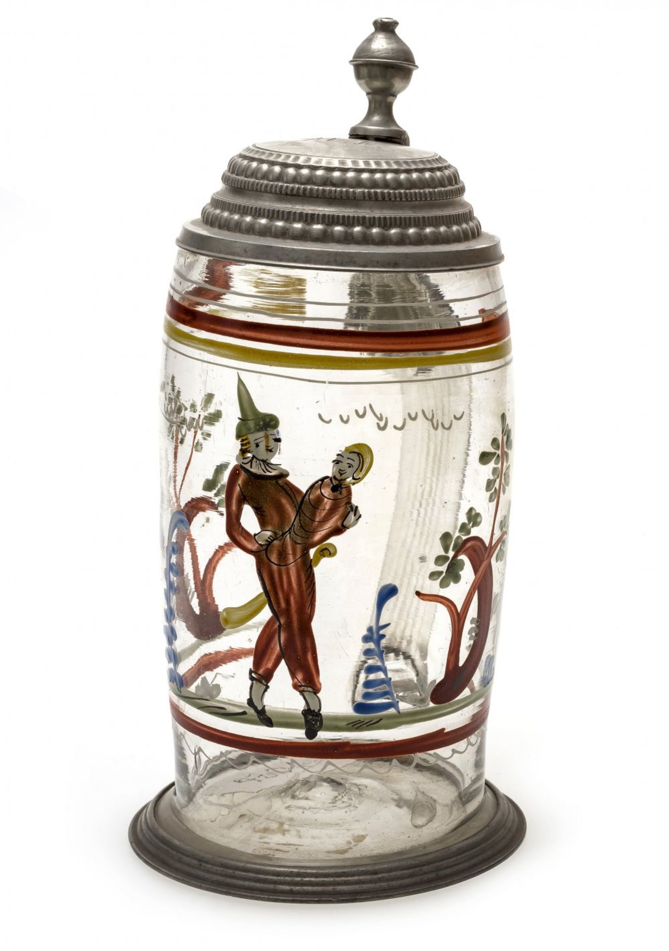 WalzenkrugDeutsch, 19. Jh. Farbloses Glas. Mann mit Fatschenkind zwischen Bäumen in farbiger