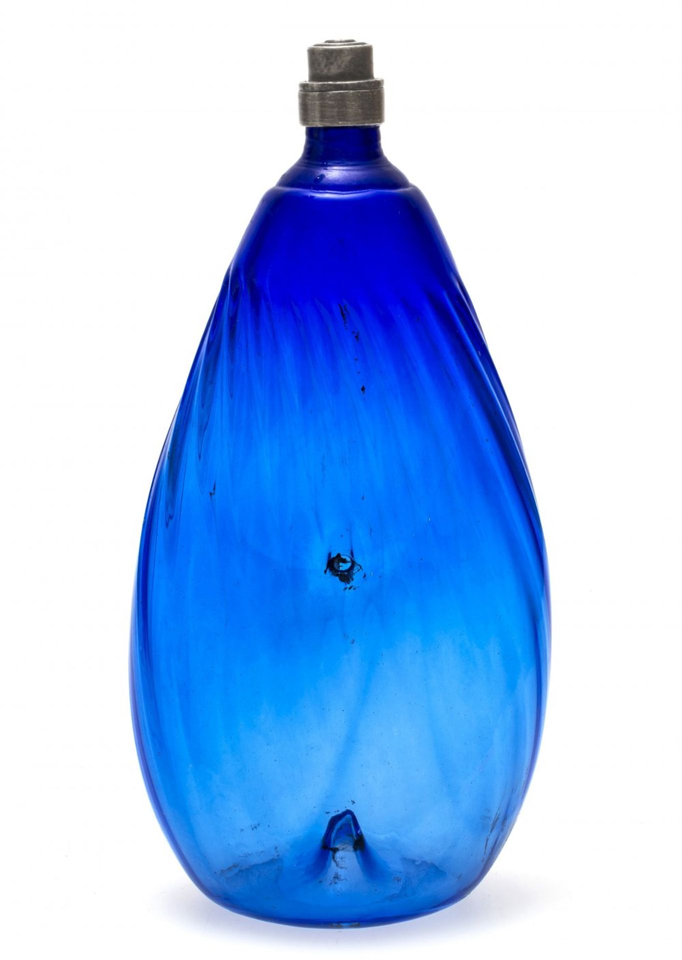 NabelflascheTirol. Blaues Glas, Zinnschraubverschluss. H. 25 cm.navel bottleTyrol, 18./19. Century