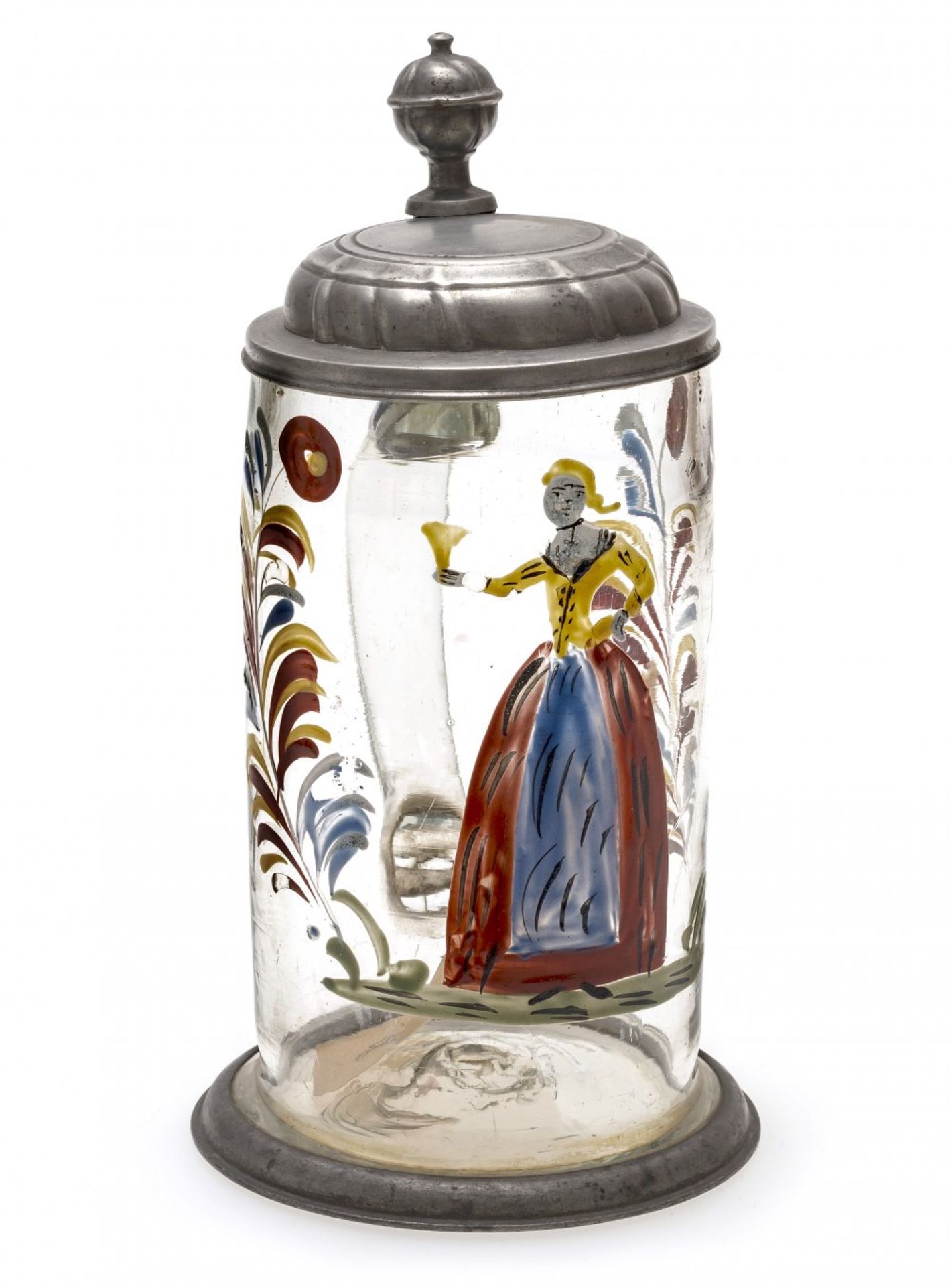 WalzenkrugDeutsch, 19. Jh. Farbloses Glas, Motiv einer Dame in farbiger Emailmalerei. Zinndeckel.