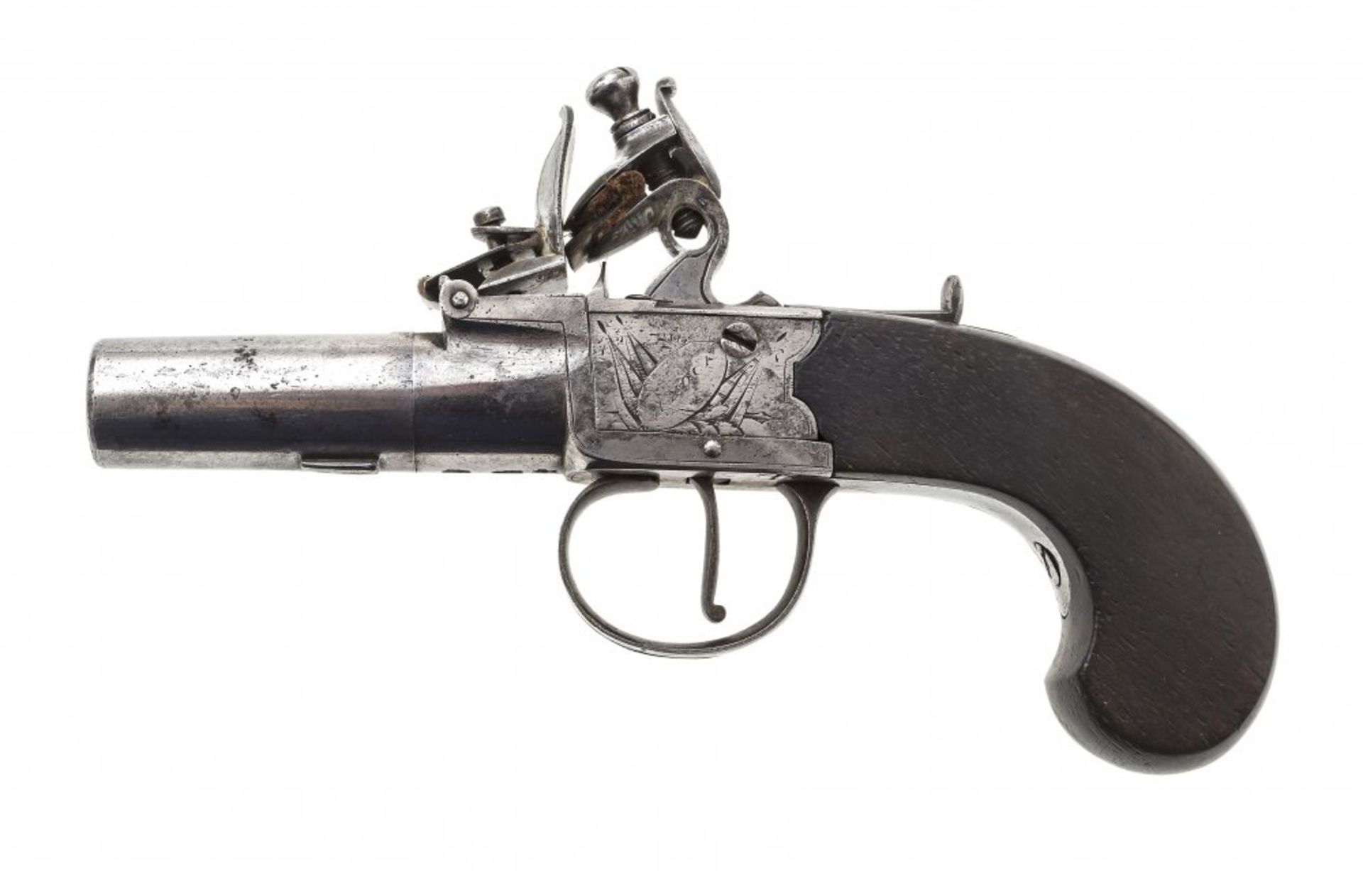 Steinschloss-Pistole19. Jh. Holzgriff. Gravurdekor. Sign.: Mock. Verändert. L. 16 cm.Stein gun