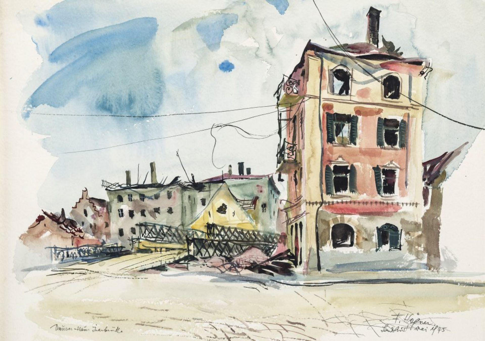 Högner, Franz"Dausen-Haus Isarbrücke". Aquarell. 32 x 43 cm. Sign., dat. 1945.Högner, Franz"Dausen-