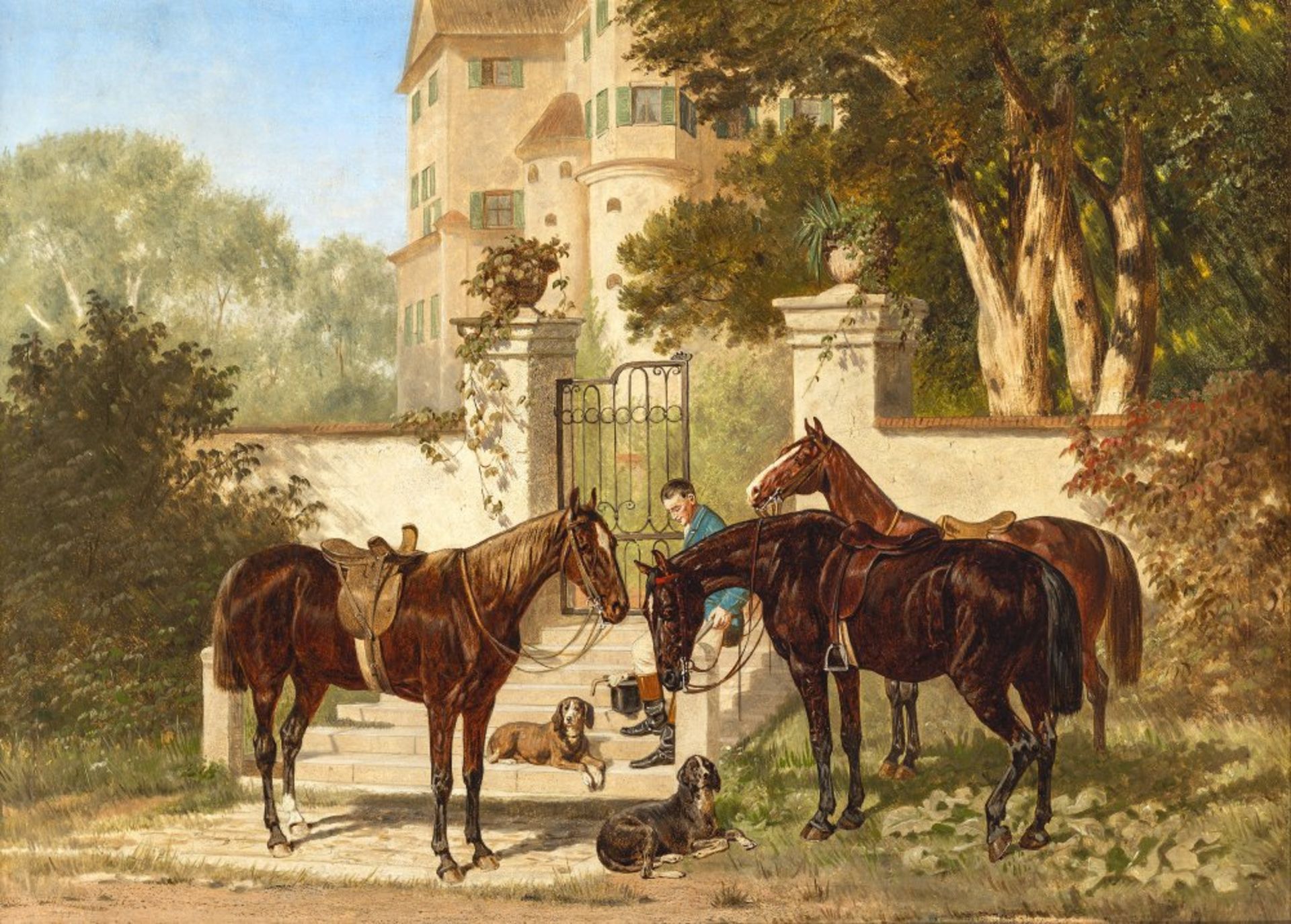 Quaglio, Franz, zugeschriebenGesattelte Pferde und Hunde vor einem Schloss. Öl/Holz. 30 x 39,5 cm.