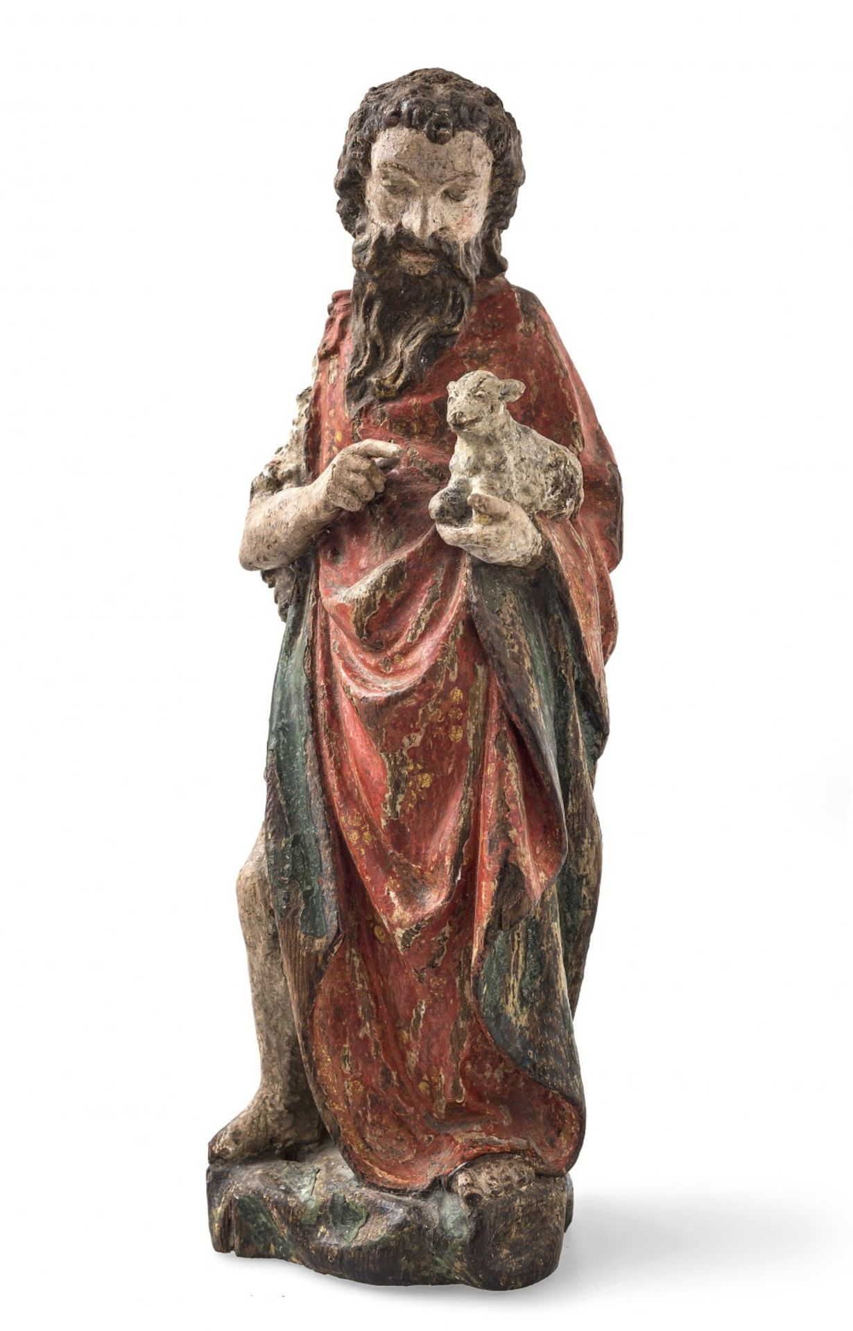 Johannes der TäuferRheinland, um 1400. Holz (Eiche), übergangene Farbfassung. H. 36 cm. Best., rep.,
