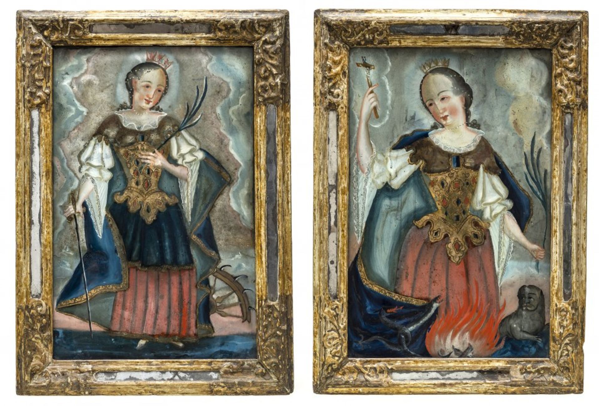 Ein Paar HinterglasbilderItalien, 18. Jh. Tempera/Glas. Hl. Margareta und hl. Katharina. Rahmen