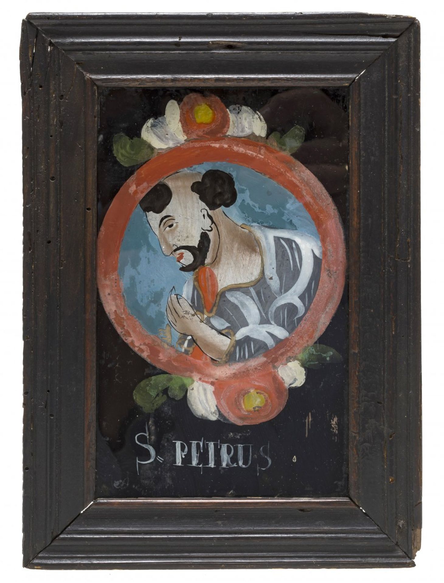 HinterglasbildBayern, 19. Jh. Hl. Petrus. Tempera/Glas. Farbablösungen. 15 x 9 cm.