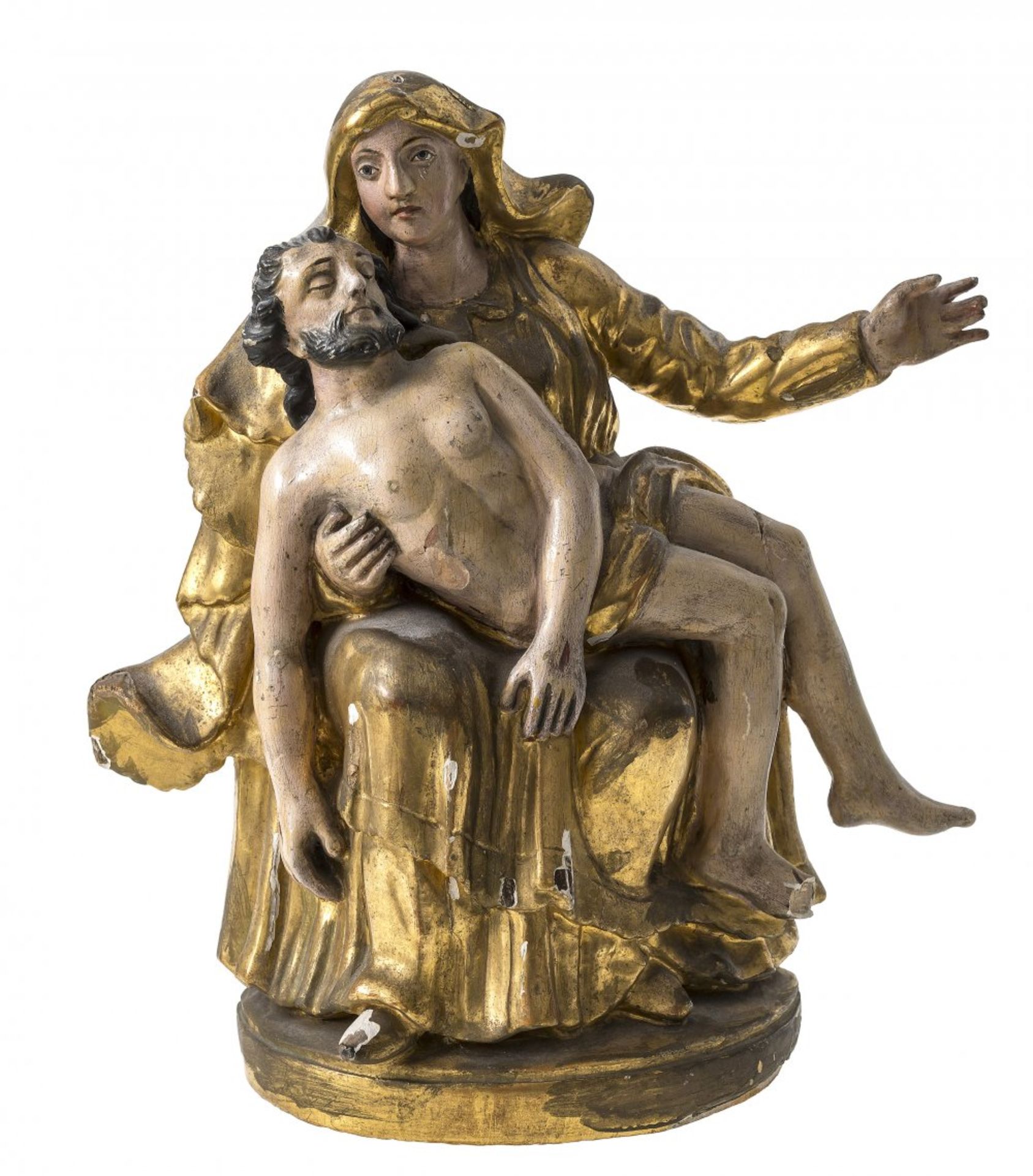 Pietà19. Jh. Holz, Inkarnat- u. Goldfassung. Besch., rest. H. 26 cm.pity19th century wood,
