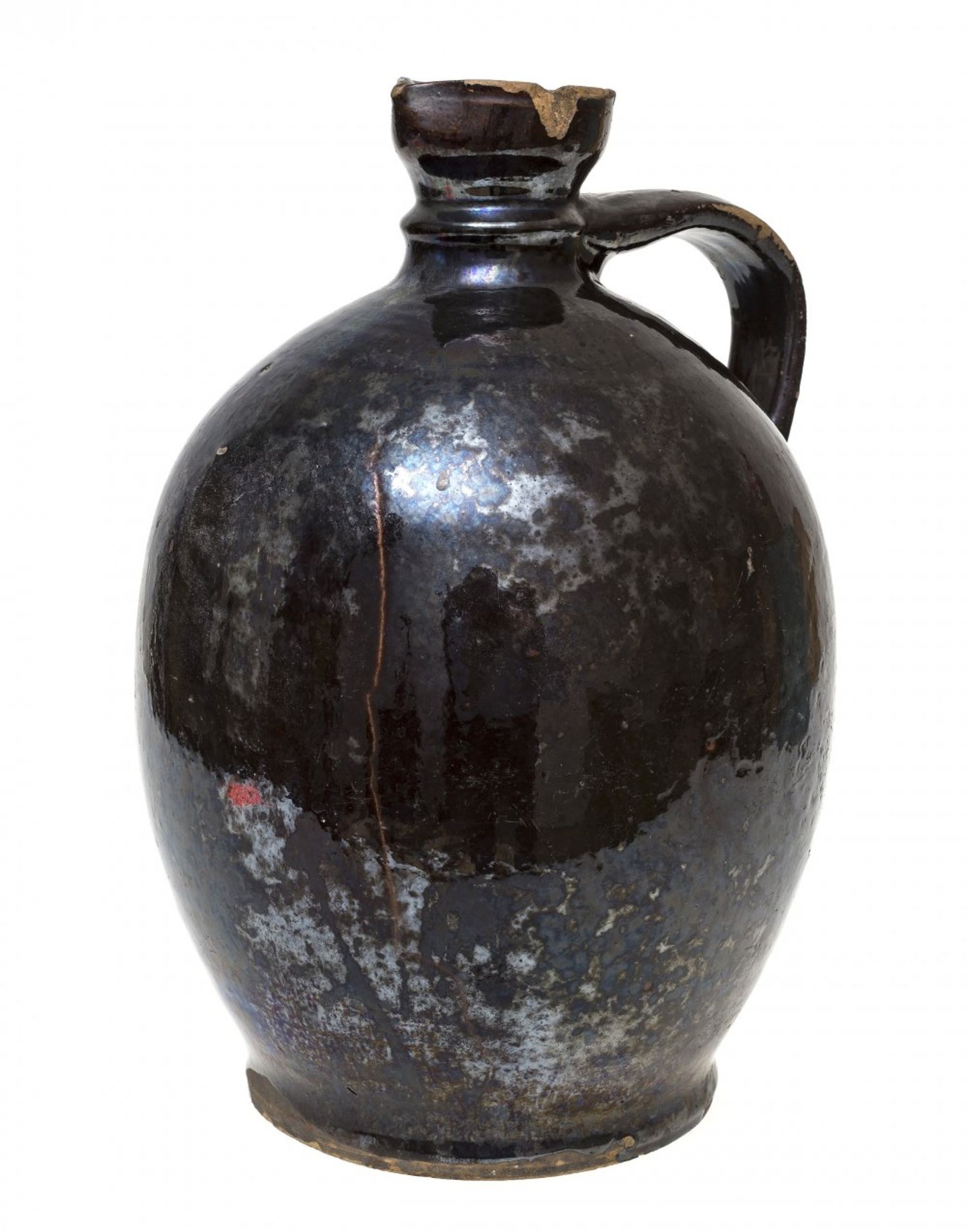 HenkelflascheKröning, 19. Jh. Irdenware, dunkelbraun-violette, glänzende Glasur. Bauchig.