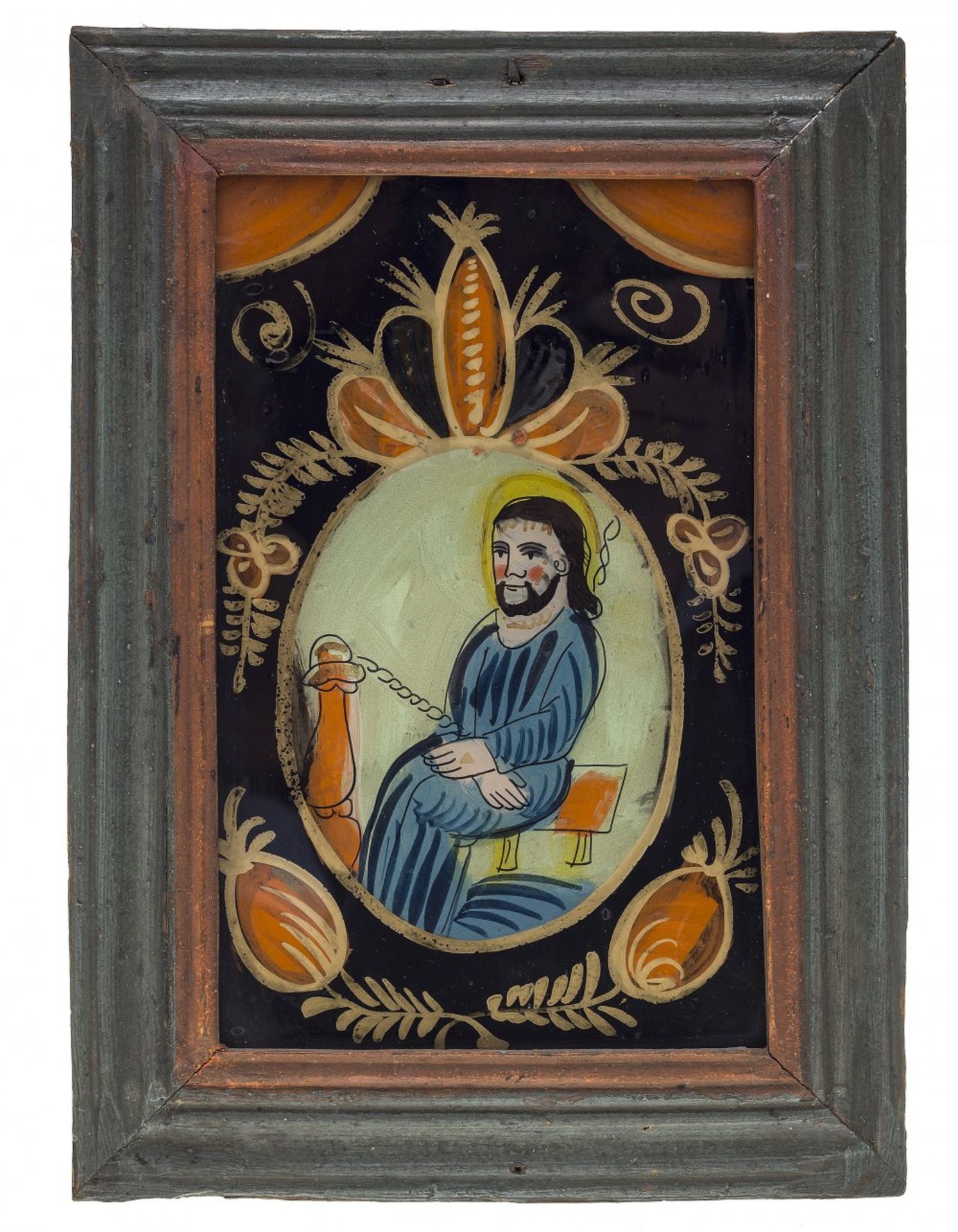 HinterglasbildRaimundsreut, 19. Jh. Tempera/Glas. Geißelungschristus. 18,5 x 11,5 cm.