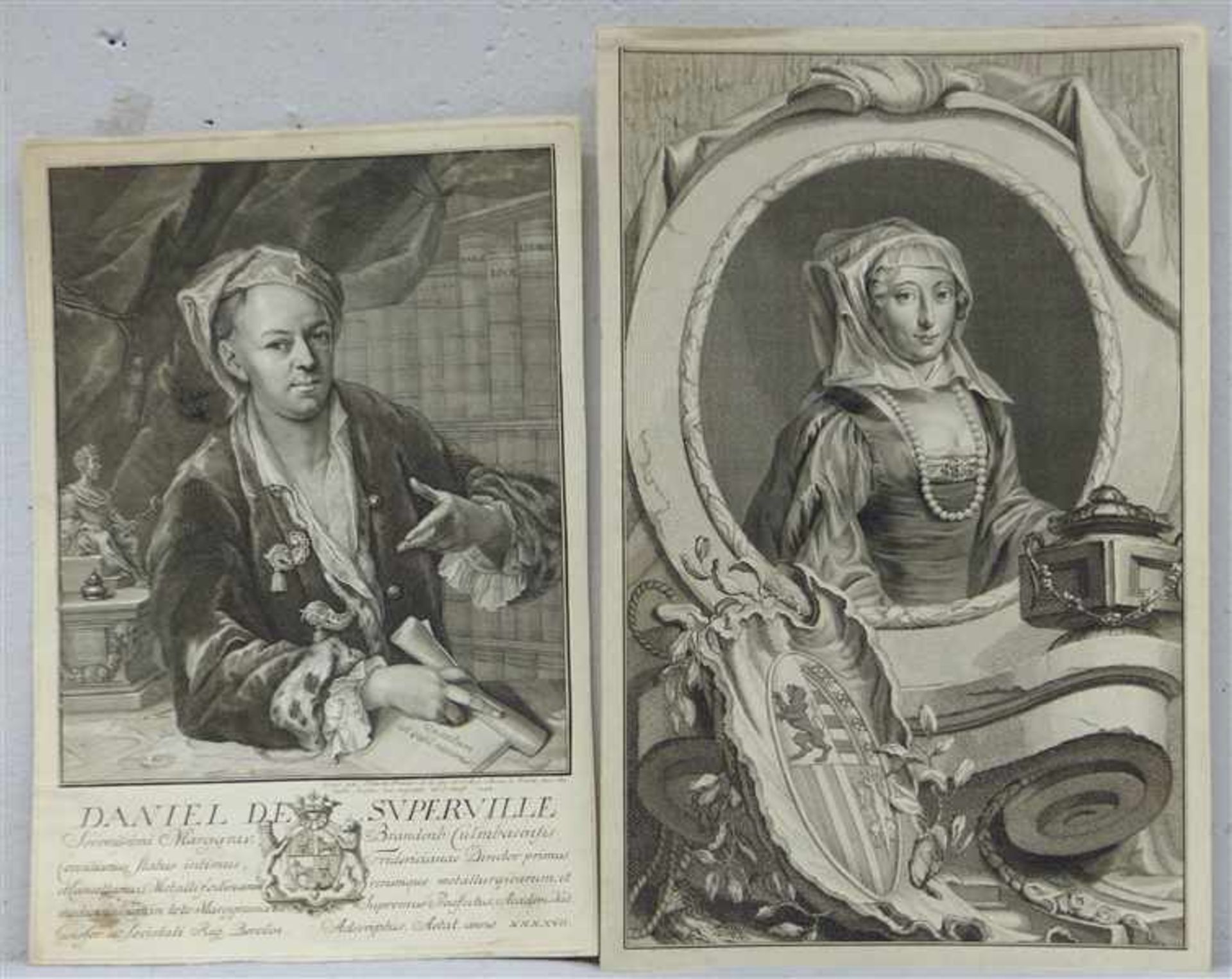 Paar Kupfersticheum 1800, 1x Louise von Oranien, mit Wappen, Stammmutter der Hohenzollern, 1x Daniel