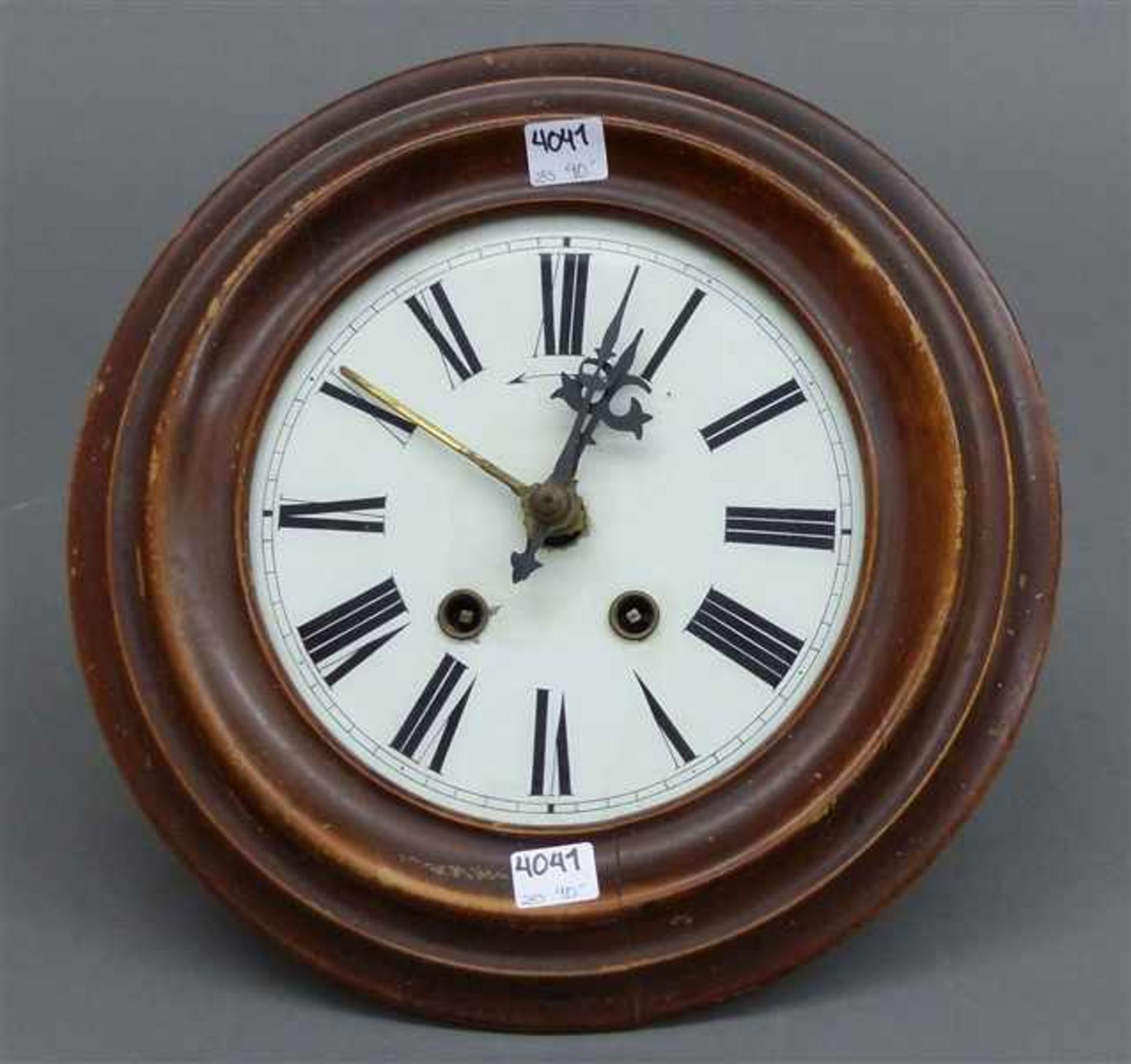 Wanduhr, um 1900mit Wecker, Messingwerk mit Schlüsselaufzug, runder Holzrahmen, Glaszifferblatt,